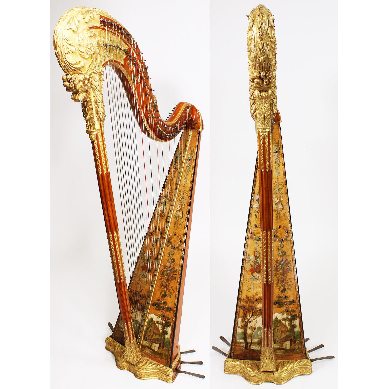 A very fine French Louis XVI period carved, gilt and hand painted wooden Harp by Jean-Henri Naderman (Swiss, 1735-1799). The ornately carved body with acanthus leaves and painted with flowers, ribbons, musical trophies and pastoral scenes as well as