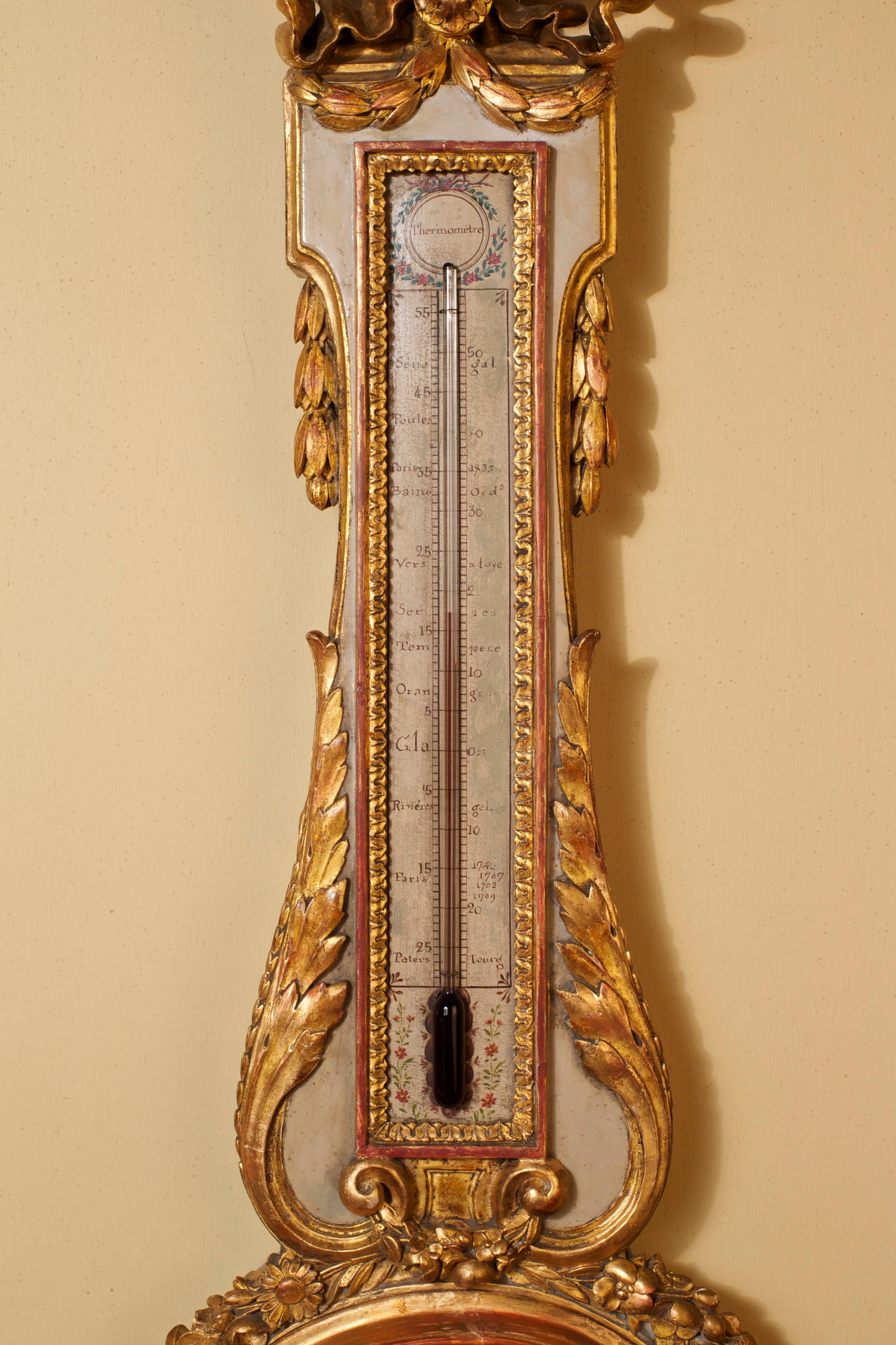 Louis XVI carved giltwood and painted mercury wheel barometer.


Eight inch circular painted wood register dial with central rosette within the scale calibrated from 27-28-29 and with seven weather indications, signed ‘Bertrand, Optician, St.