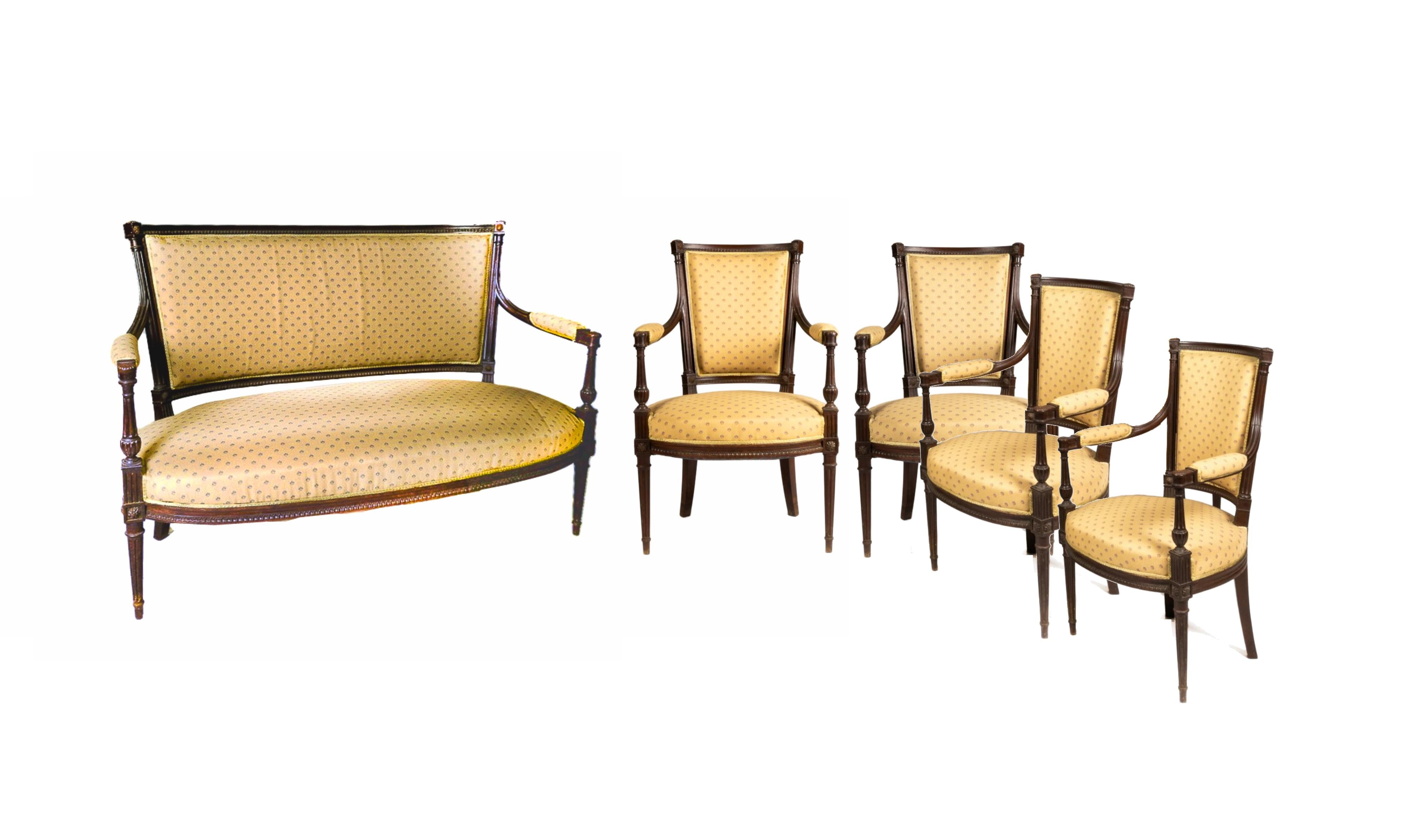 Fabric French Louis XVI Carved Living Room Set, 19th Century For Sale