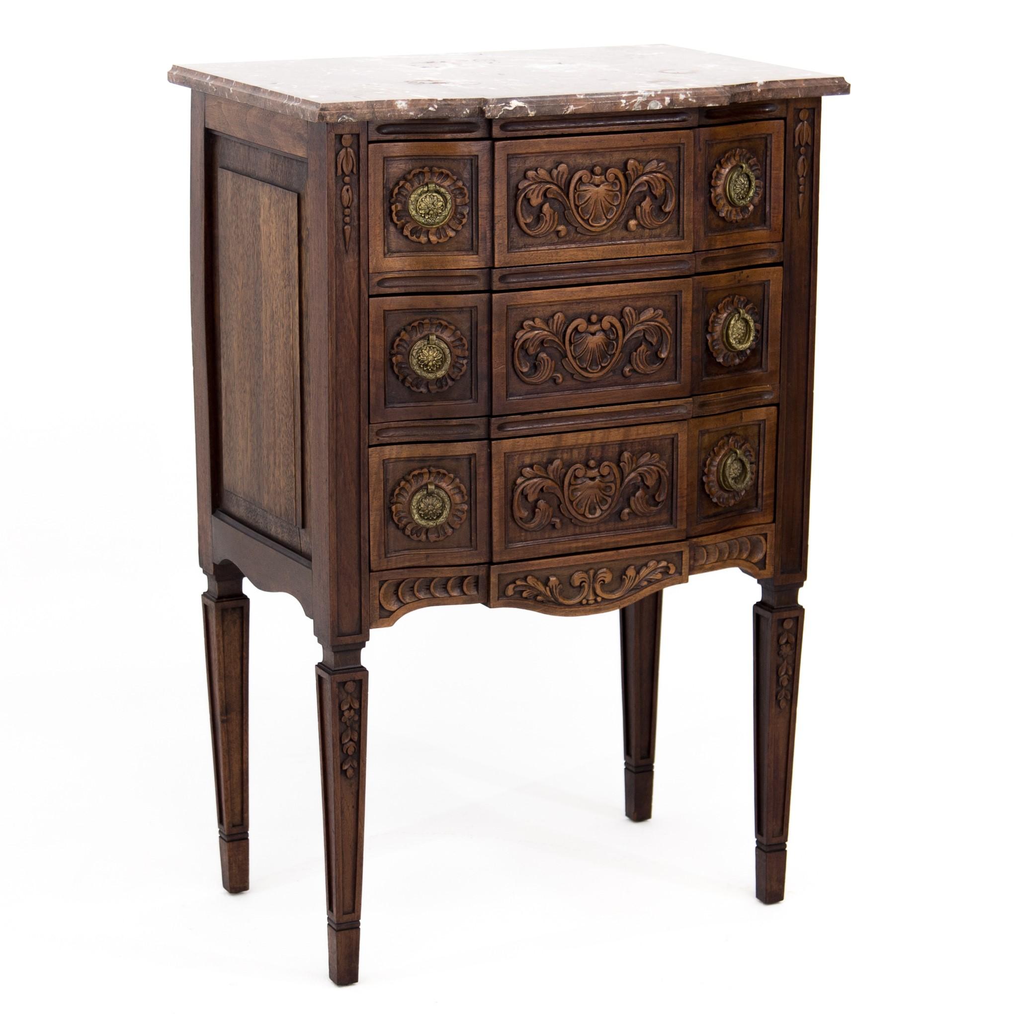 French Louis XVI Carved Walnut Commode Chest of Drawers with Brown Marble Top 7