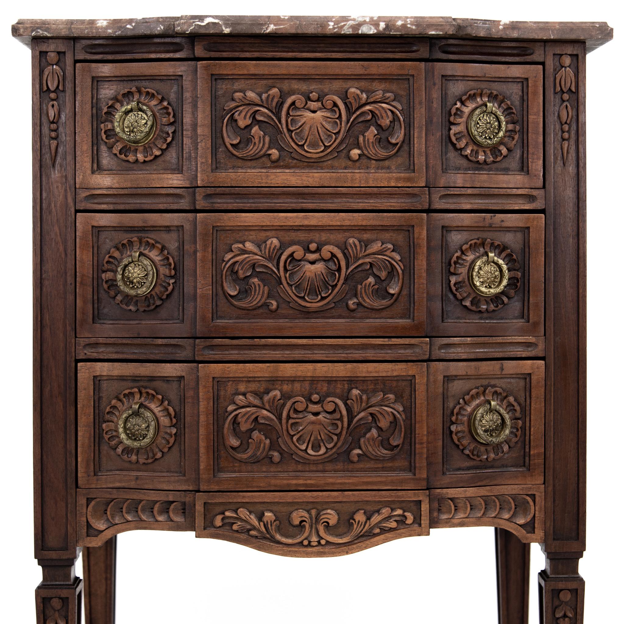Belgian French Louis XVI Carved Walnut Commode Chest of Drawers with Brown Marble Top