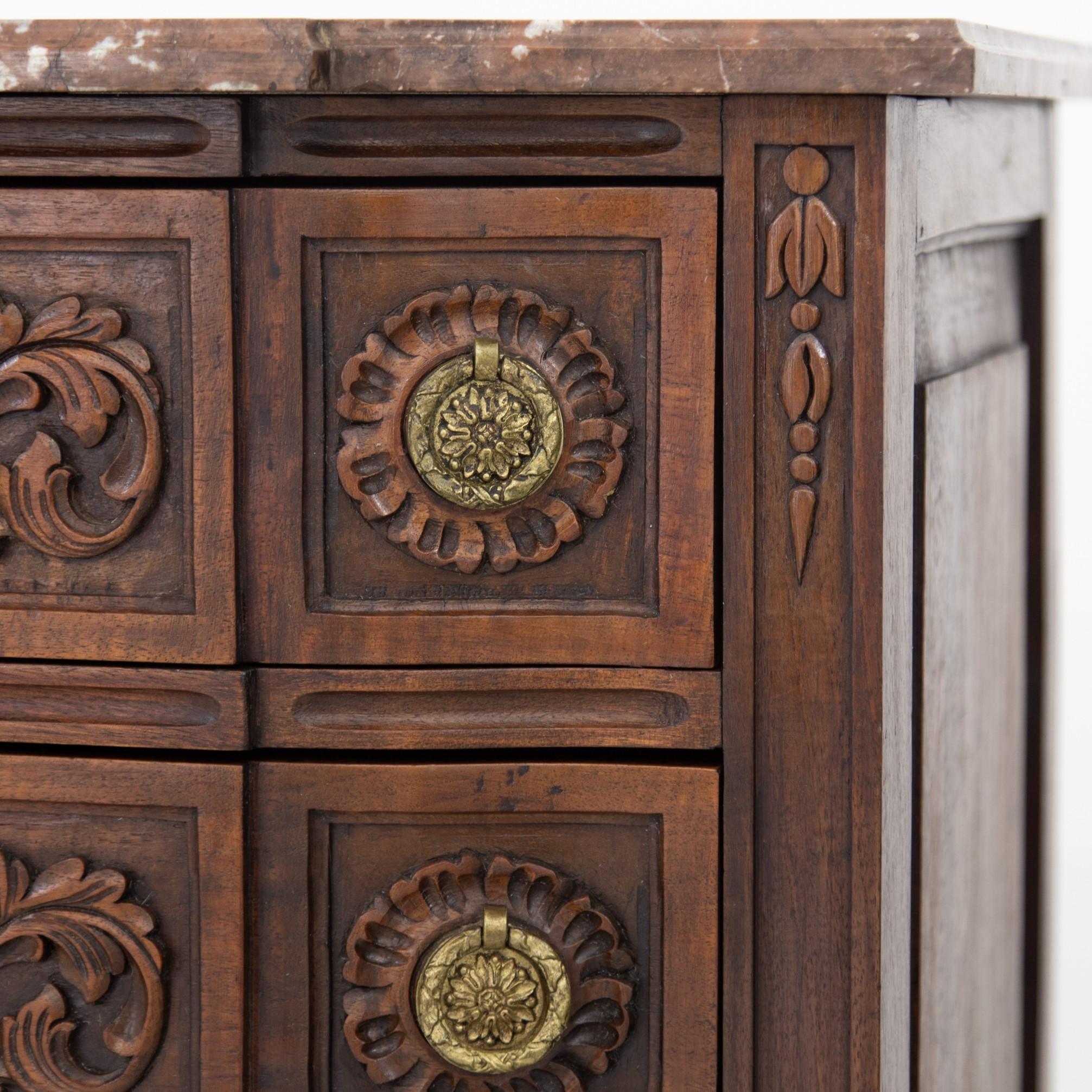 French Louis XVI Carved Walnut Commode Chest of Drawers with Brown Marble Top 3