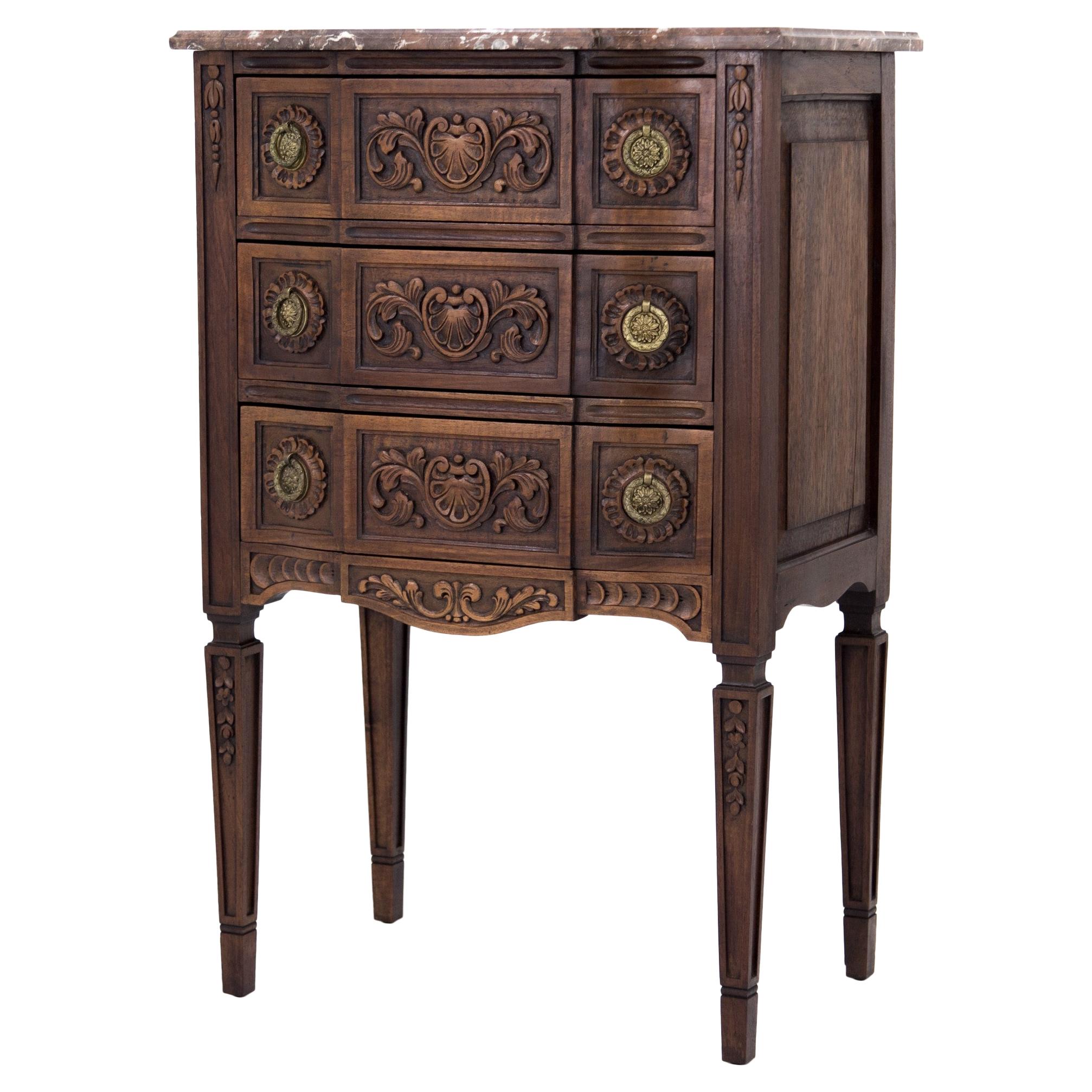 French Louis XVI Carved Walnut Commode Chest of Drawers with Brown Marble Top