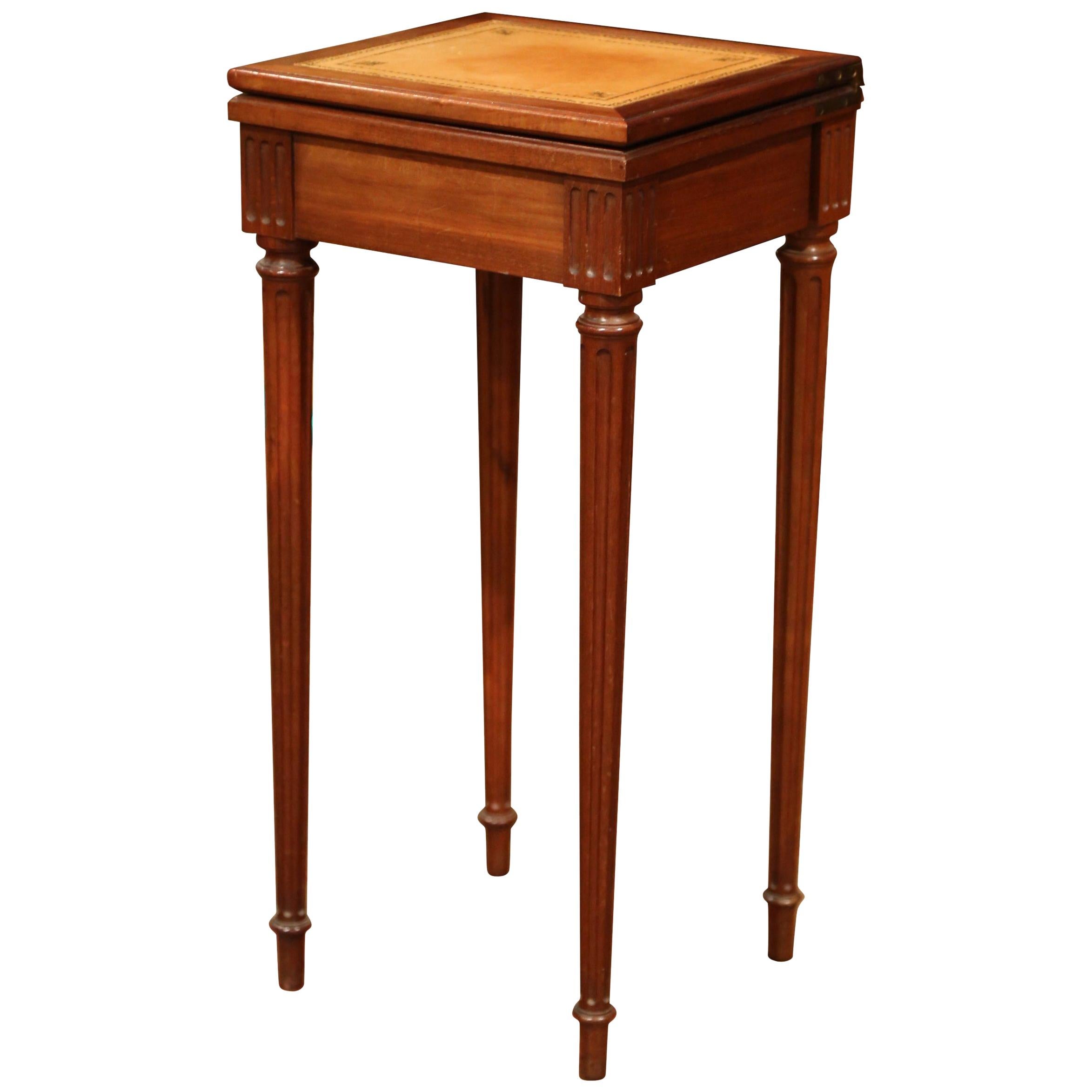 French Louis XVI Carved Walnut Folding Top Game Table with Tan Leather Surface