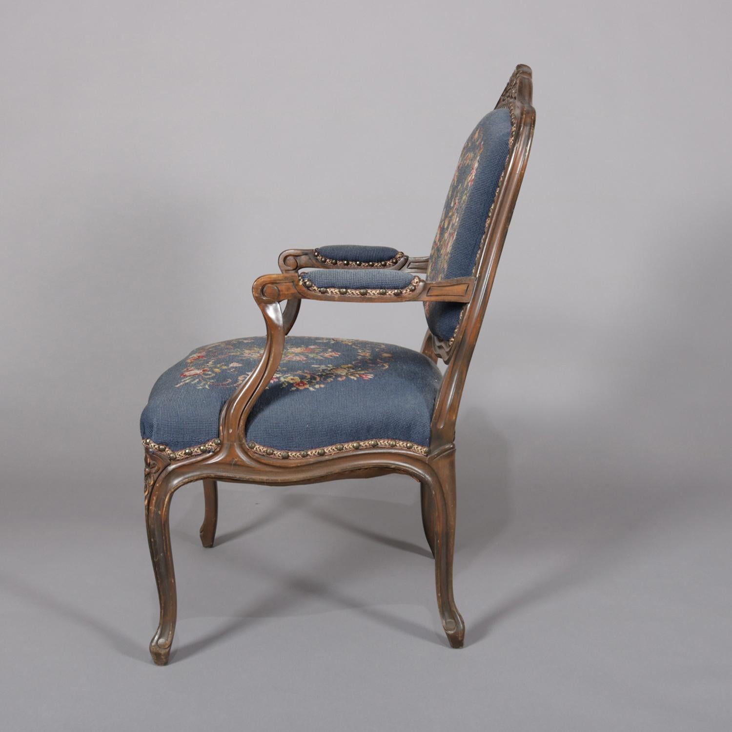 French Louis XVI Carved Walnut and Needlepoint Upholstered Armchair, circa 1950 (Louis XV.)