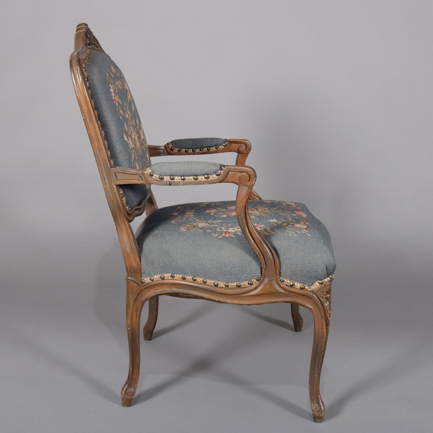 French Louis XVI Carved Walnut and Needlepoint Upholstered Armchair, circa 1950 (Französisch)