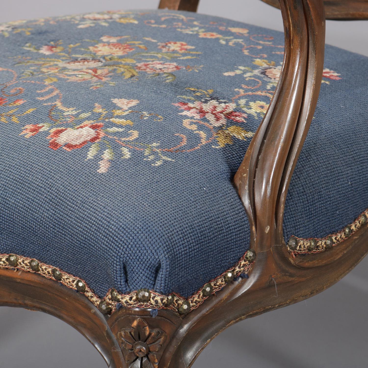 French Louis XVI Carved Walnut and Needlepoint Upholstered Armchair, circa 1950 im Zustand „Gut“ in Big Flats, NY