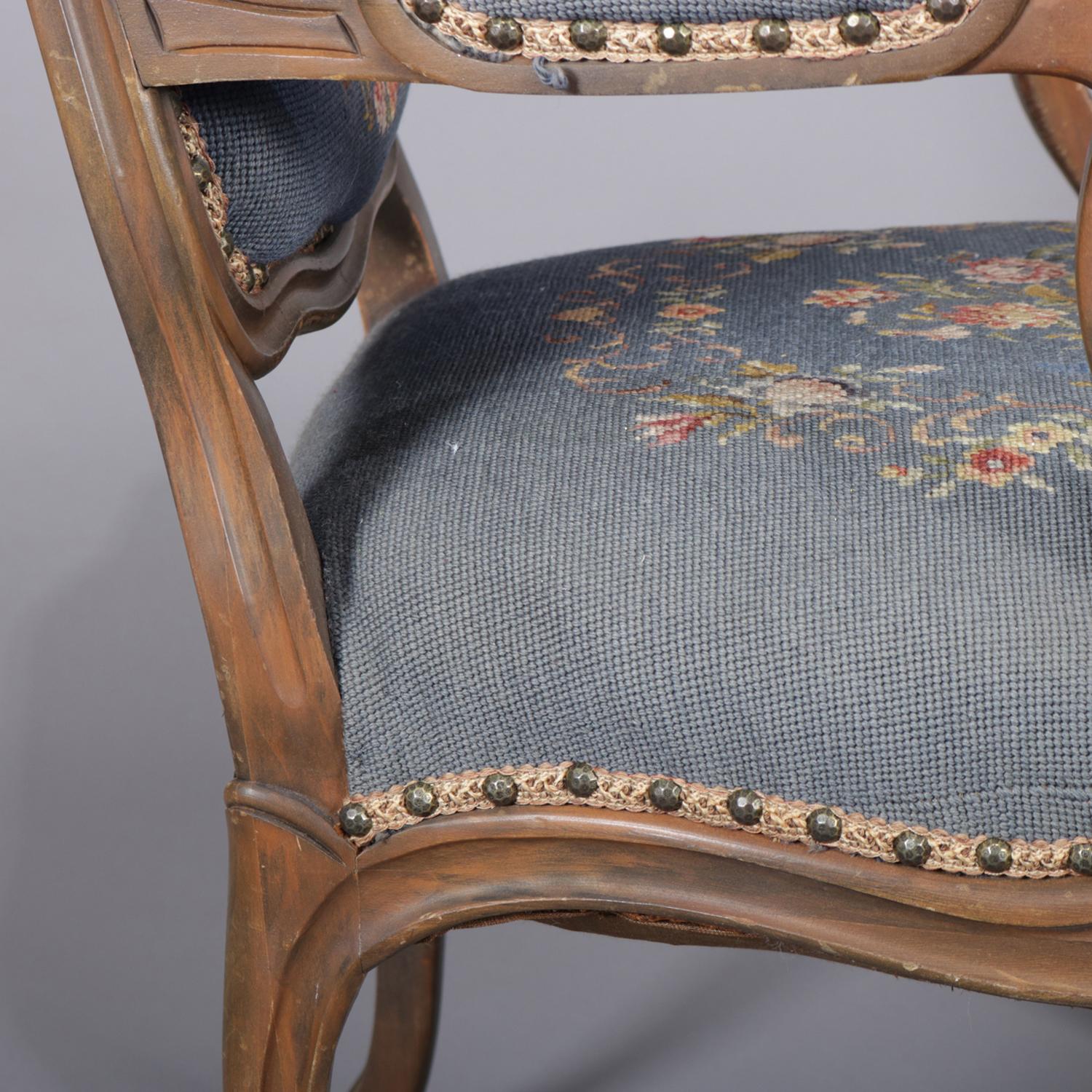 French Louis XVI Carved Walnut and Needlepoint Upholstered Armchair, circa 1950 (Polster)