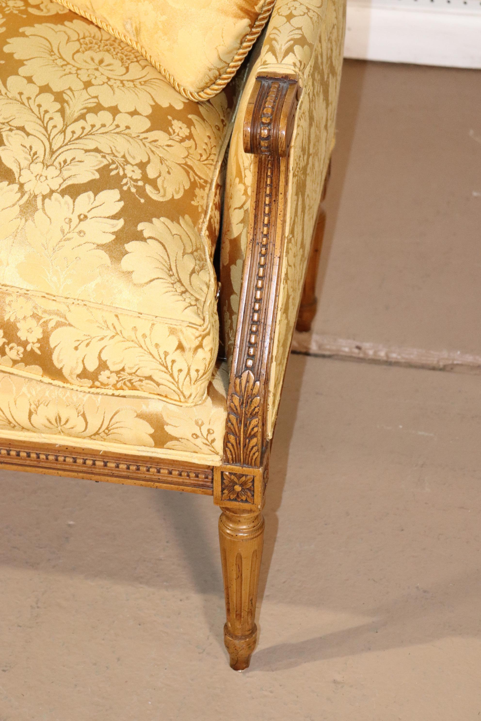 French Louis XVI Carved Walnut Yellow Damask Settee Canape, Circa 1960 6