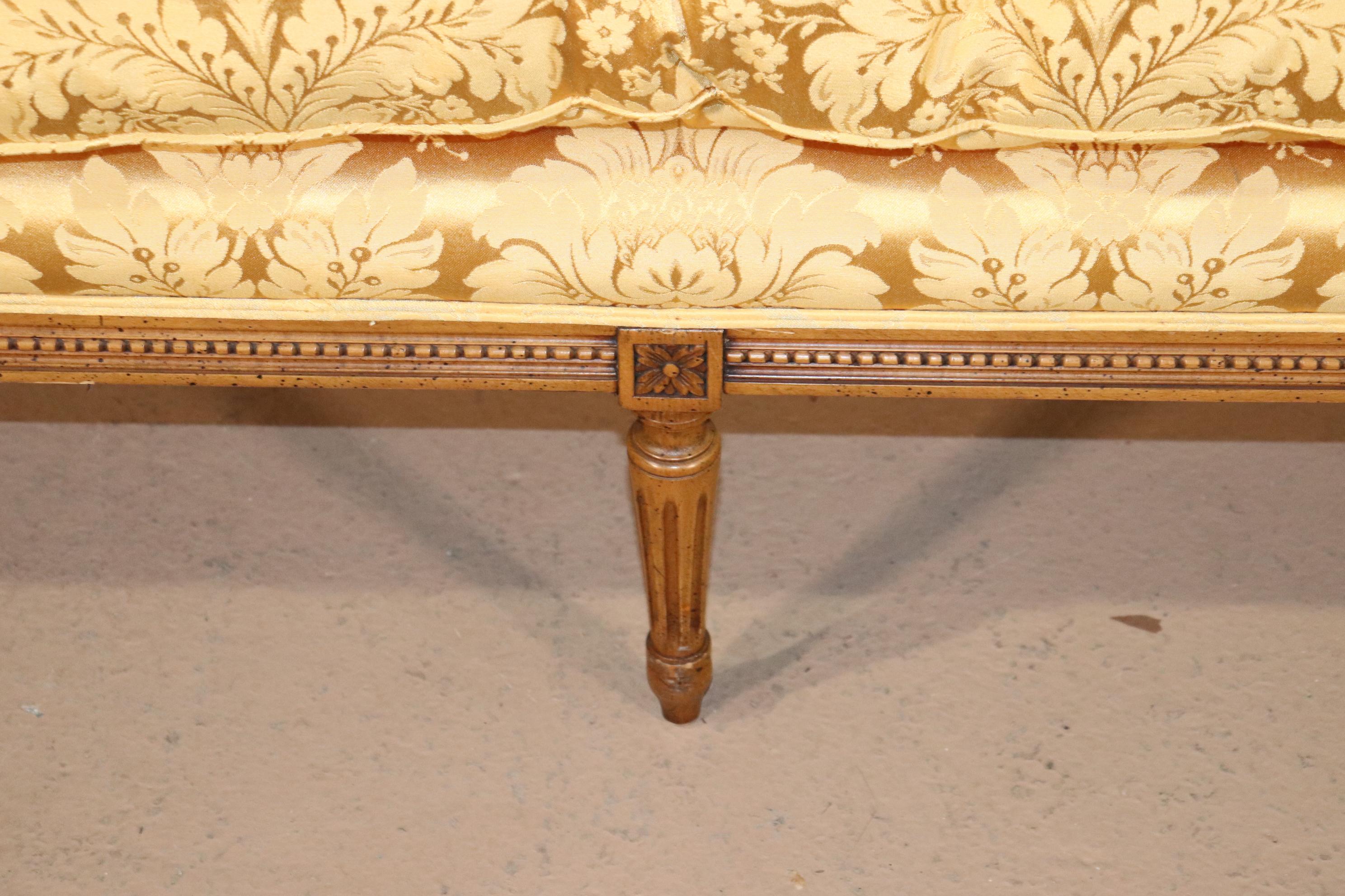 French Louis XVI Carved Walnut Yellow Damask Settee Canape, Circa 1960 8