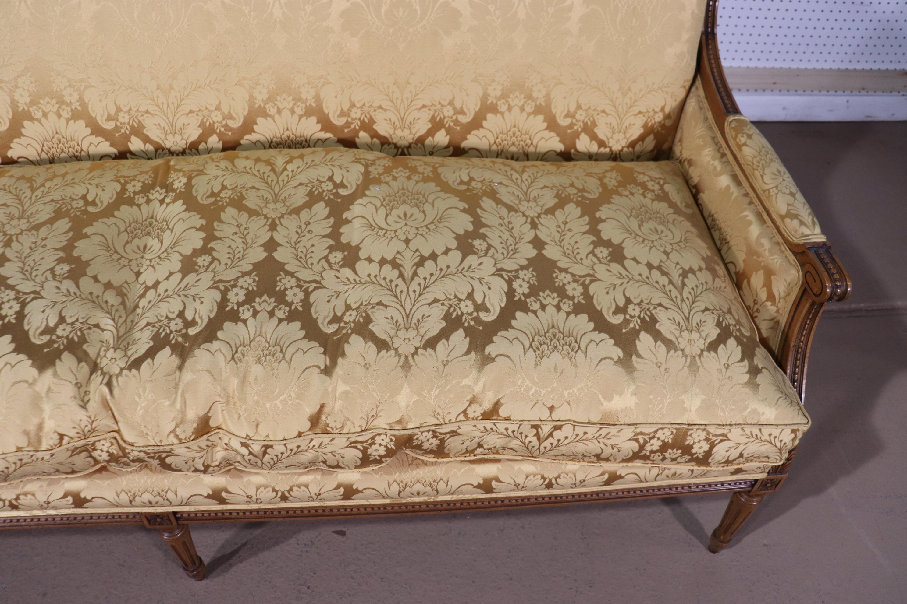 French Louis XVI Carved Walnut Yellow Damask Settee Canape, Circa 1960 11