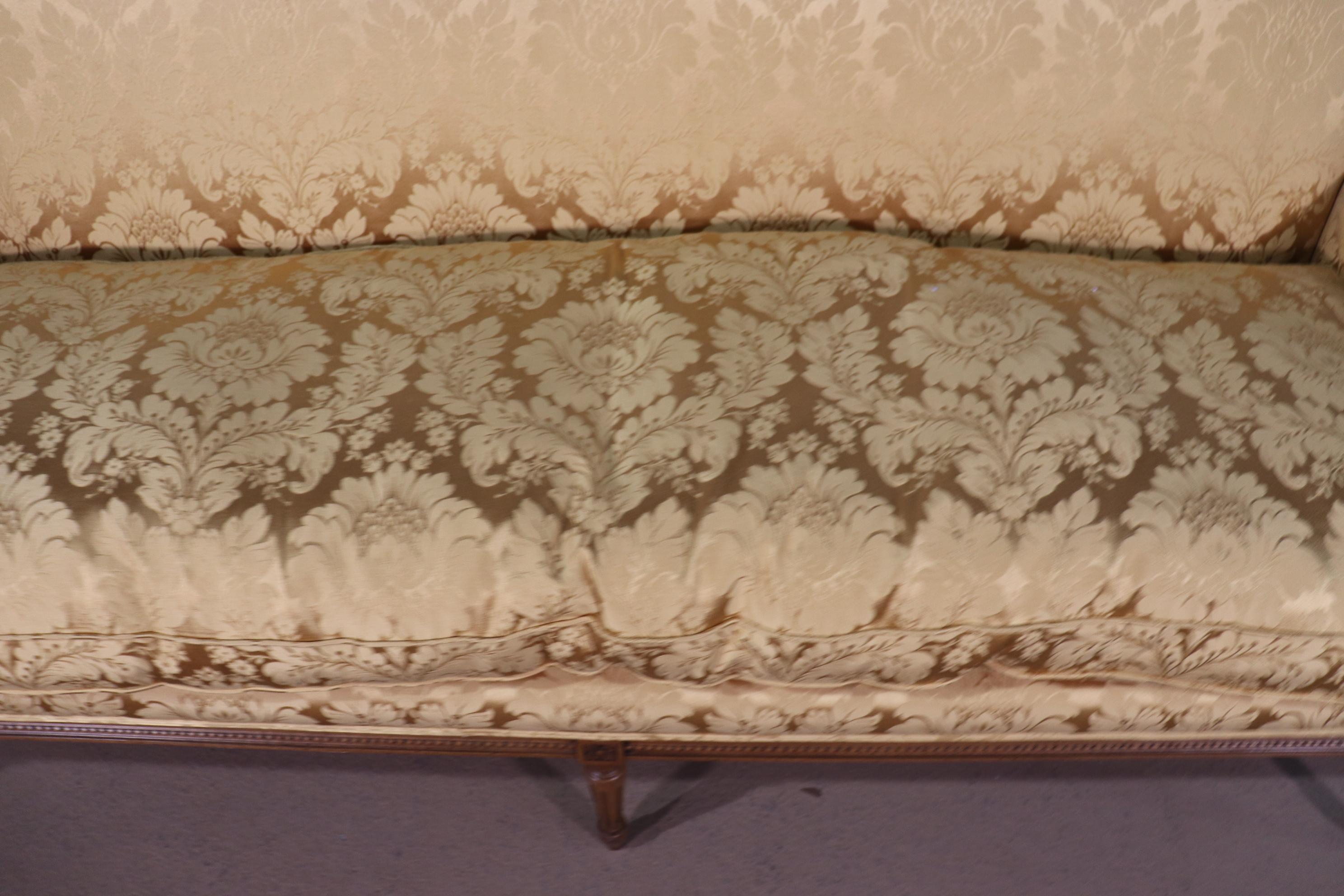 French Louis XVI Carved Walnut Yellow Damask Settee Canape, Circa 1960 12