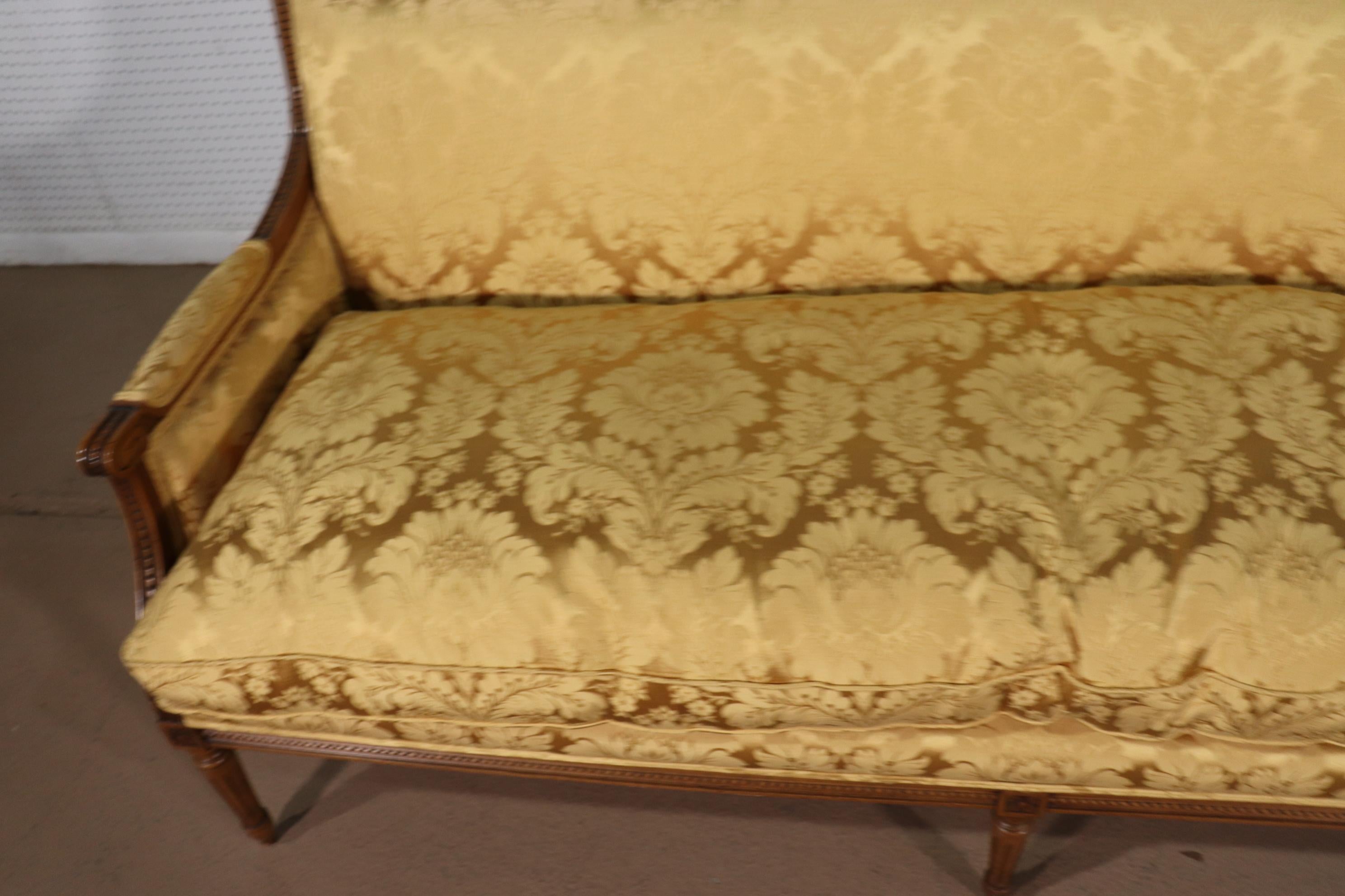 French Louis XVI Carved Walnut Yellow Damask Settee Canape, Circa 1960 13