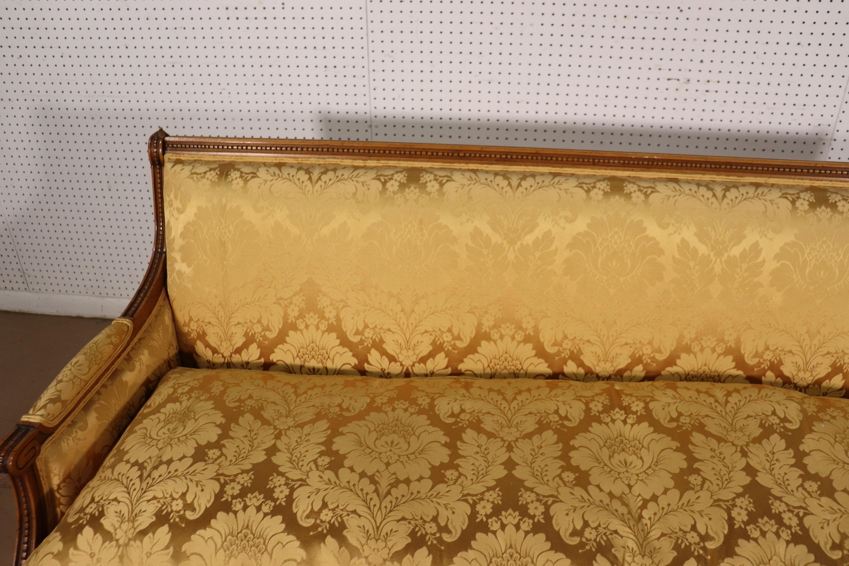 French Louis XVI Carved Walnut Yellow Damask Settee Canape, Circa 1960 14