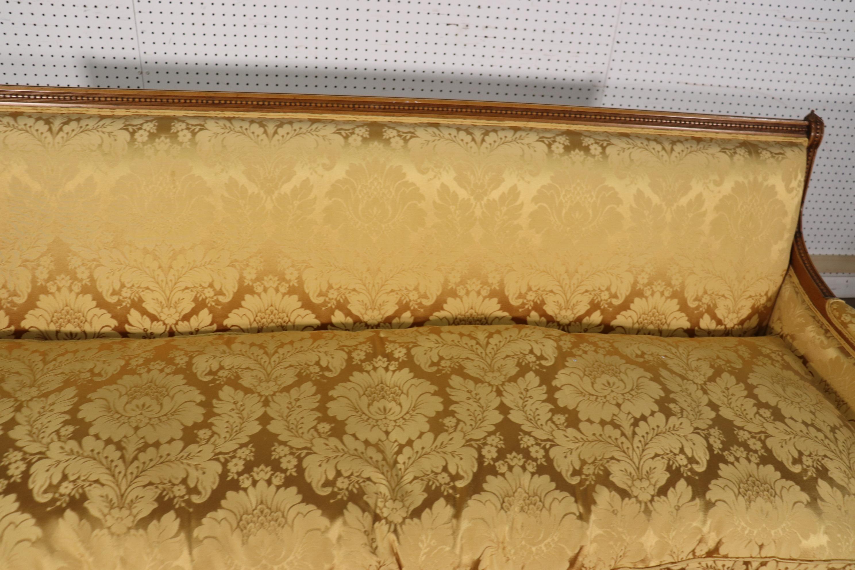French Louis XVI Carved Walnut Yellow Damask Settee Canape, Circa 1960 15