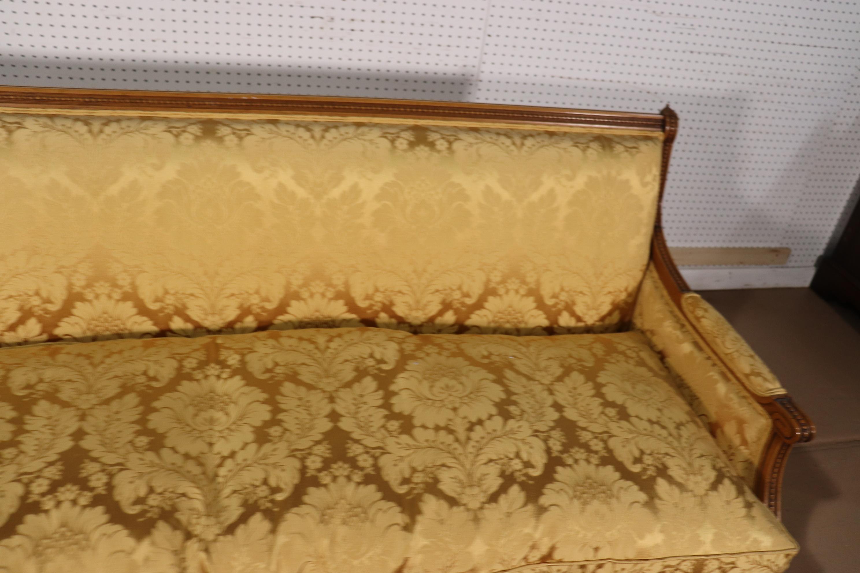 French Louis XVI Carved Walnut Yellow Damask Settee Canape, Circa 1960 16