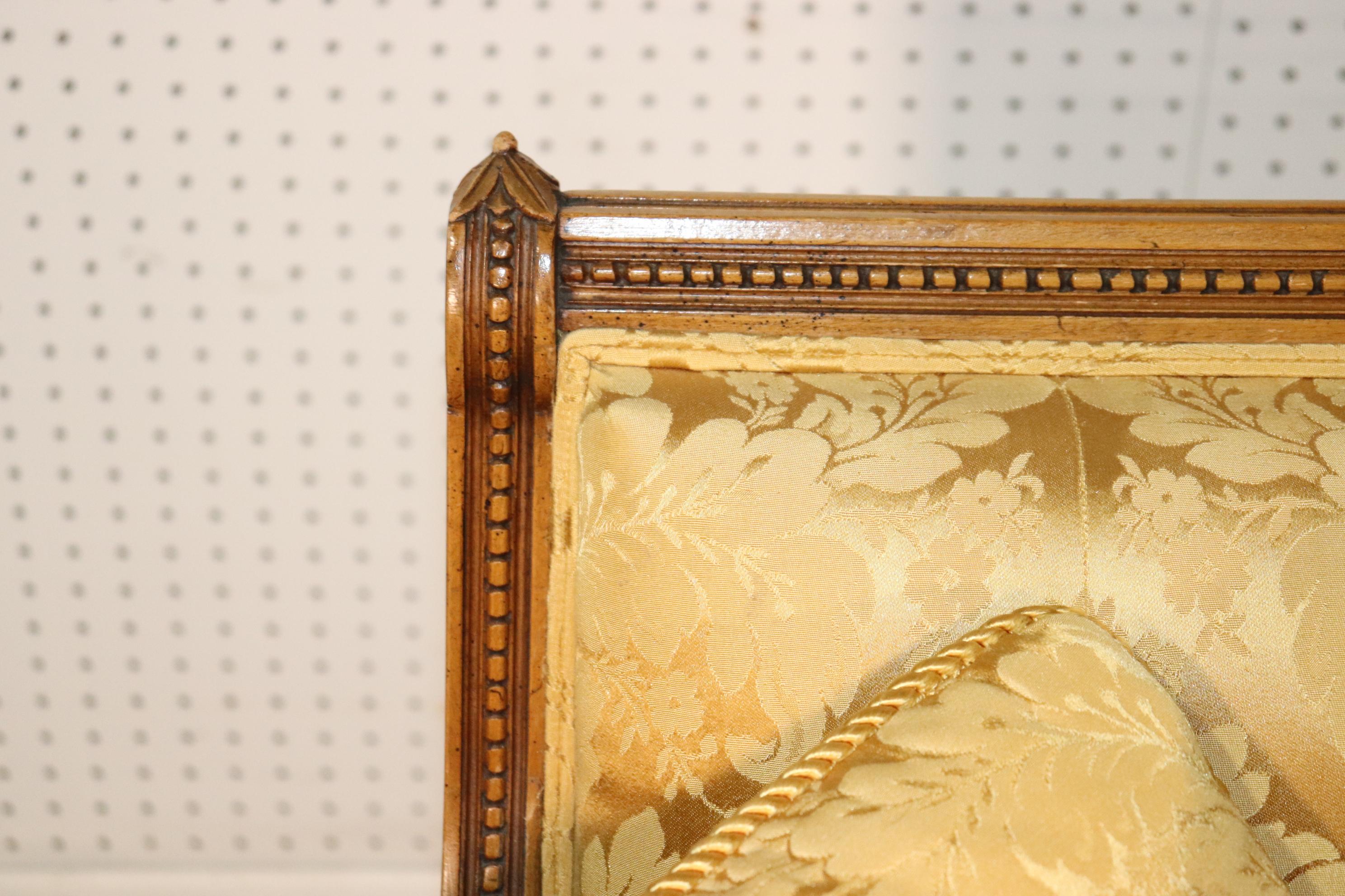 Mid-20th Century French Louis XVI Carved Walnut Yellow Damask Settee Canape, Circa 1960
