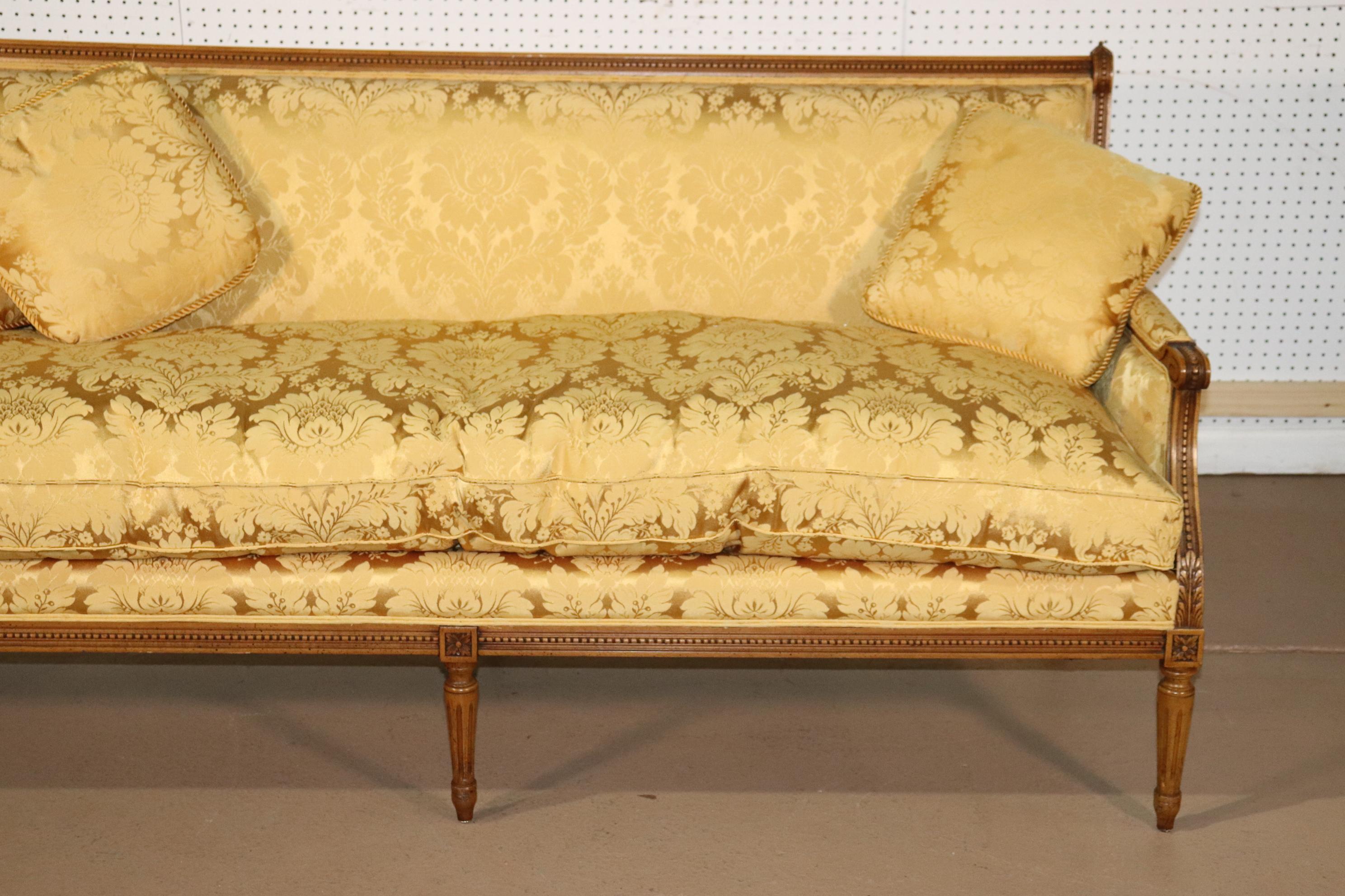 French Louis XVI Carved Walnut Yellow Damask Settee Canape, Circa 1960 4