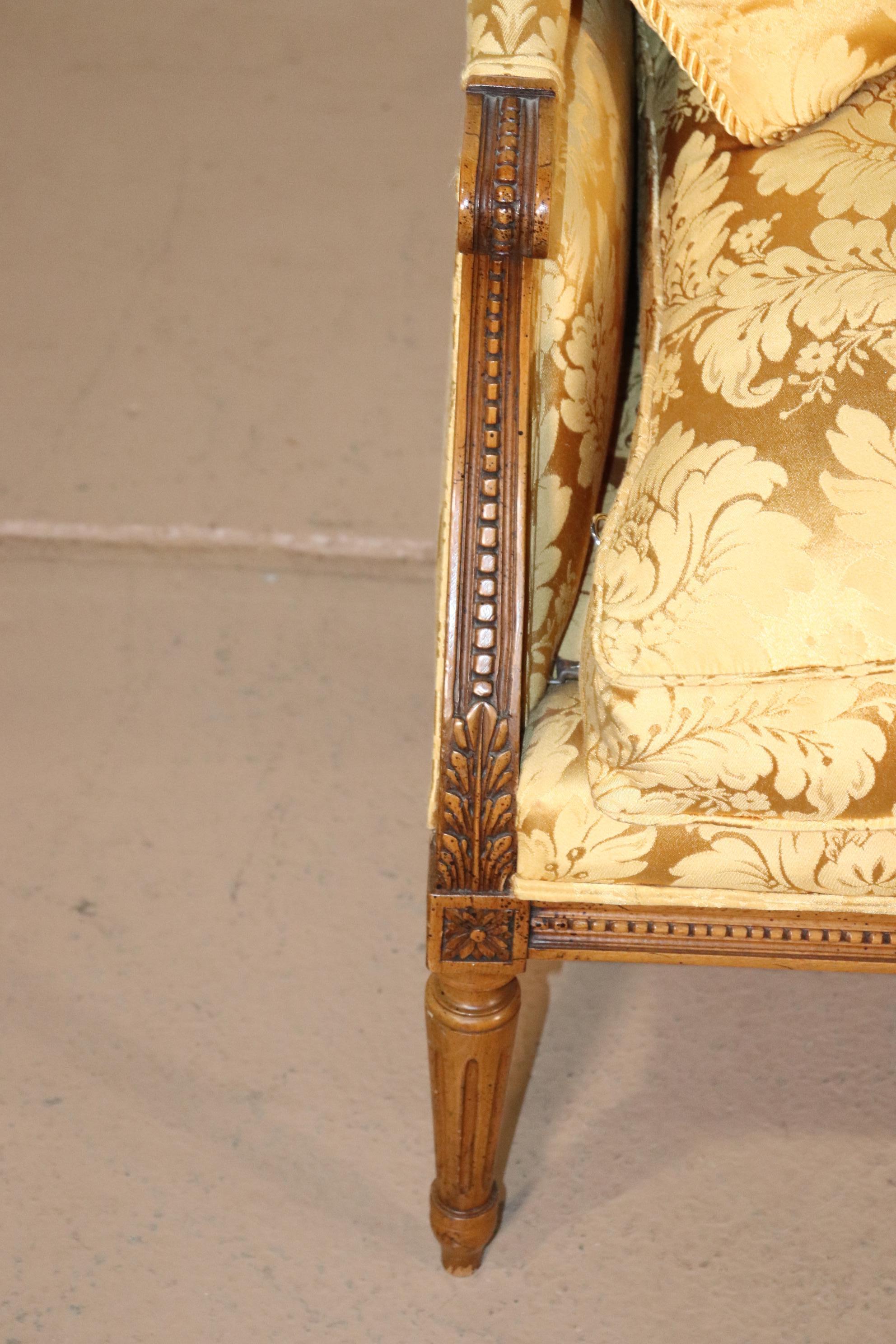French Louis XVI Carved Walnut Yellow Damask Settee Canape, Circa 1960 5