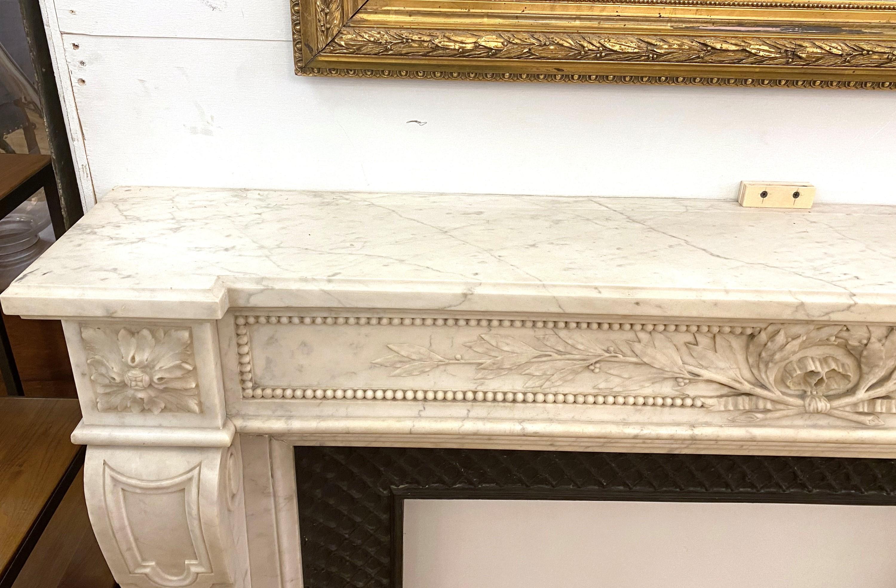 French Louis XVI Carved White Marble Mantel Floral Details For Sale 4