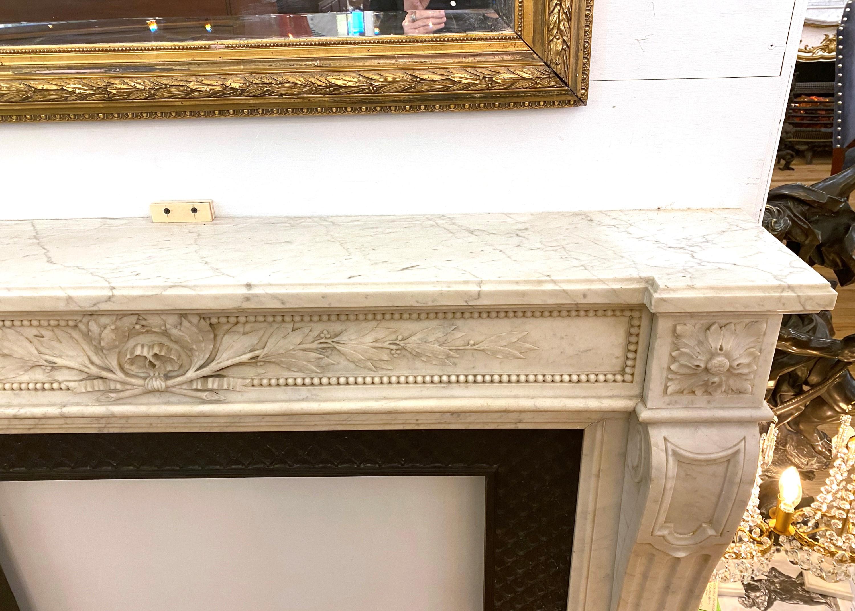 French Louis XVI Carved White Marble Mantel Floral Details For Sale 5