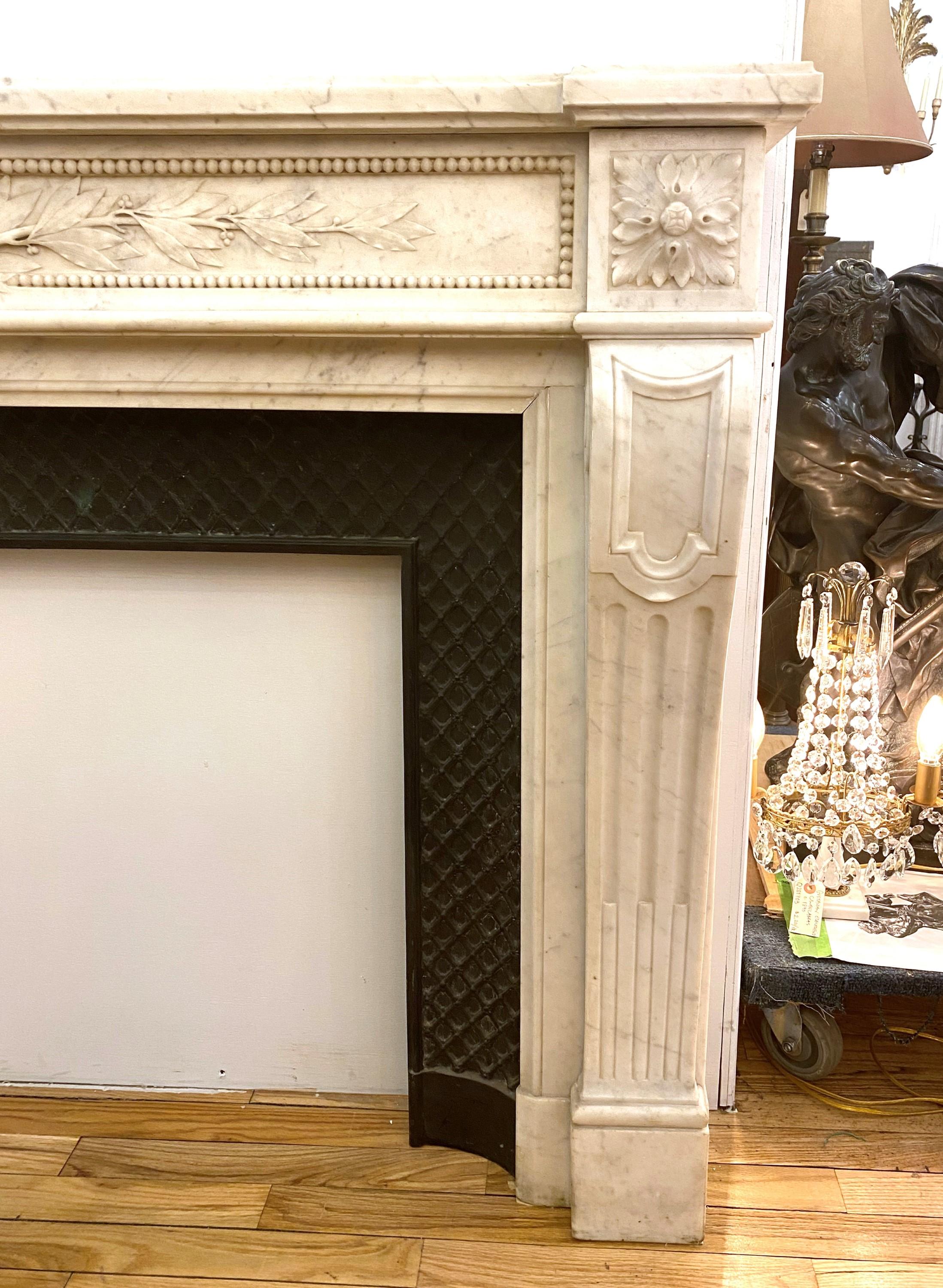 20th Century French Louis XVI Carved White Marble Mantel Floral Details For Sale