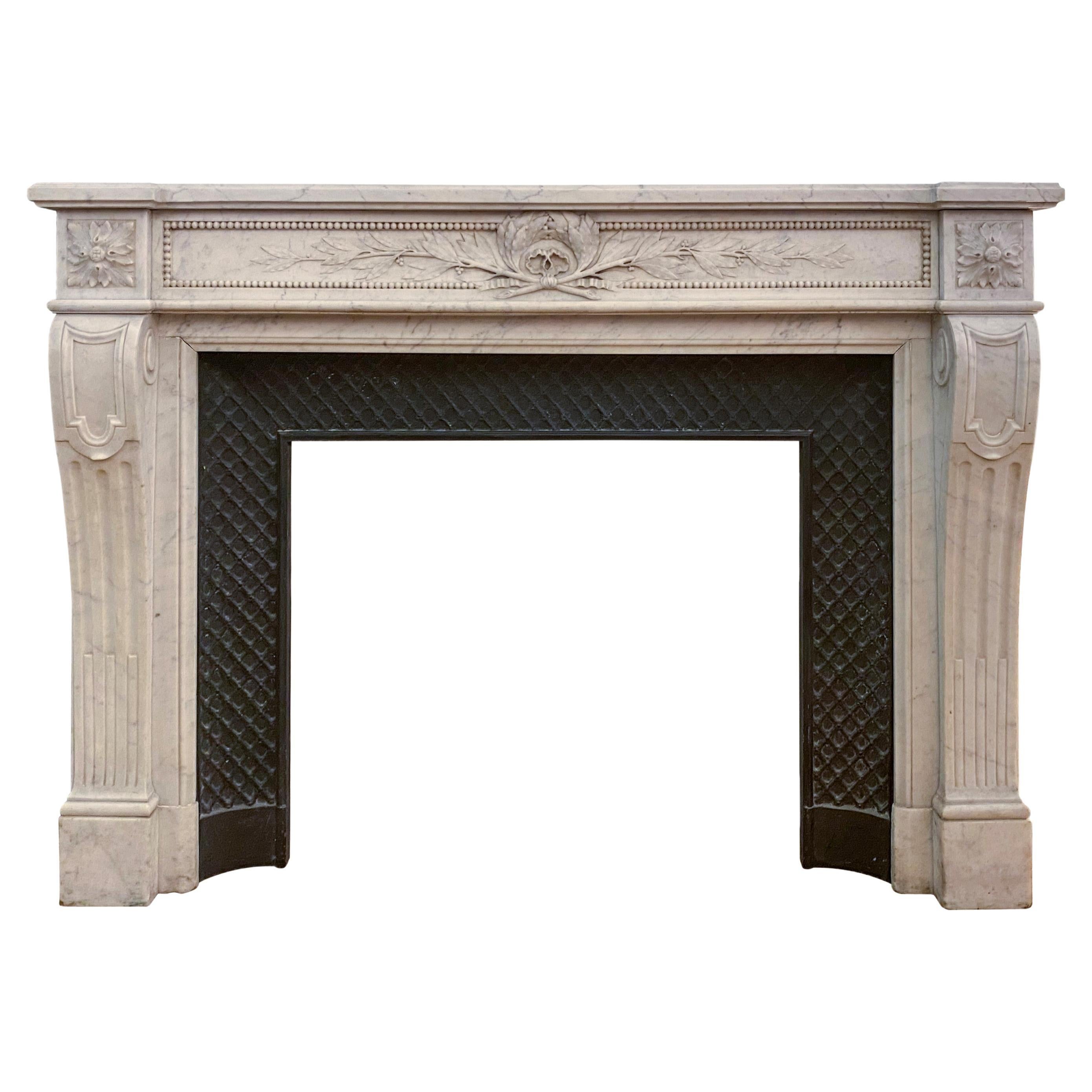 French Louis XVI Carved White Marble Mantel Floral Details For Sale