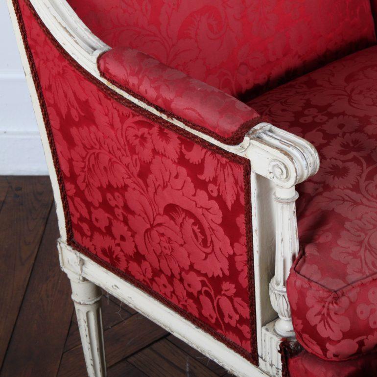 A 19th century French Louis XVI-style two-piece ‘chaise longue’ consisting of an armchair and a long stool, both with simple elegant lines and tapering fluted legs, circa 1880.

Measures: Chair 28? wide x 28? deep x 40? tall x 18?