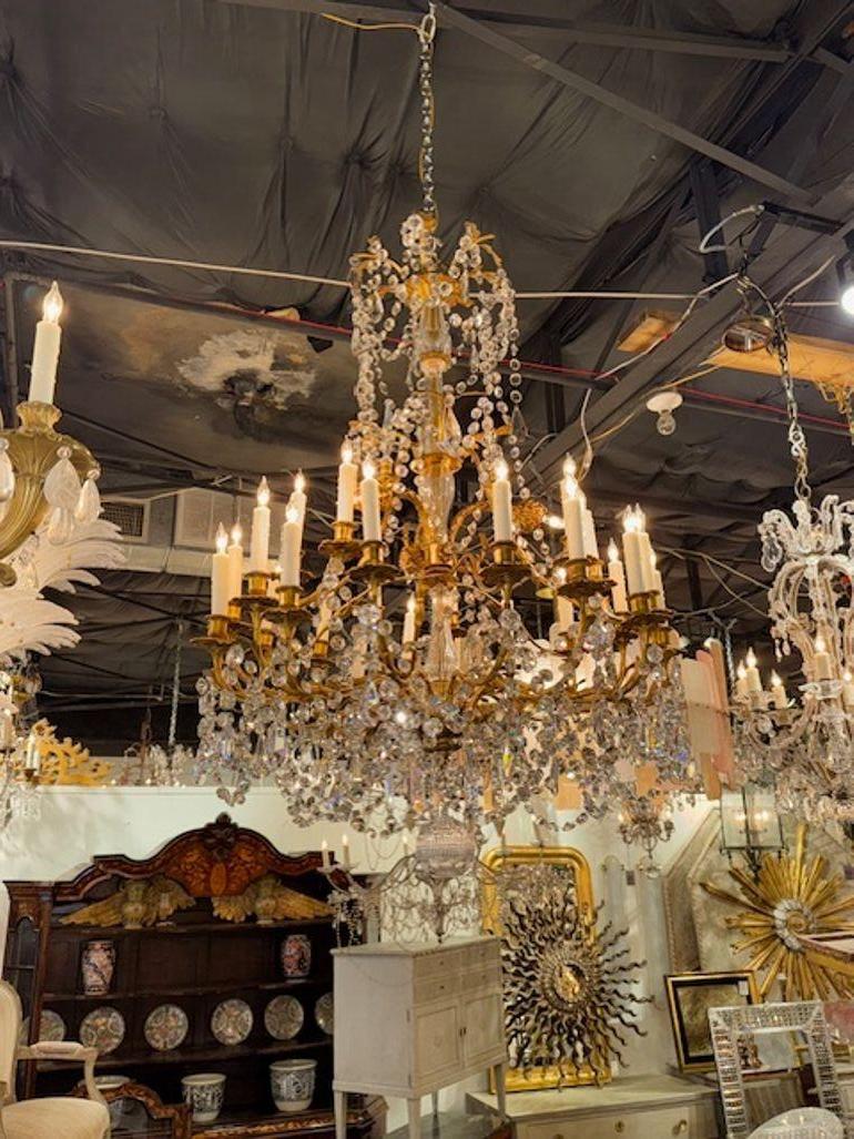 raffinato lampadario francese Luigi XVI del XIX secolo in bronzo dorato e cristallo. Circa 1880. Il lampadario è stato ricablato professionalmente e viene fornito con catena e baldacchino coordinati. È pronto per essere appeso! 48h x 32w