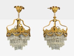 French Louis XVI, Chandeliers, Dore Bronze, Crystal, France, 19th Century
