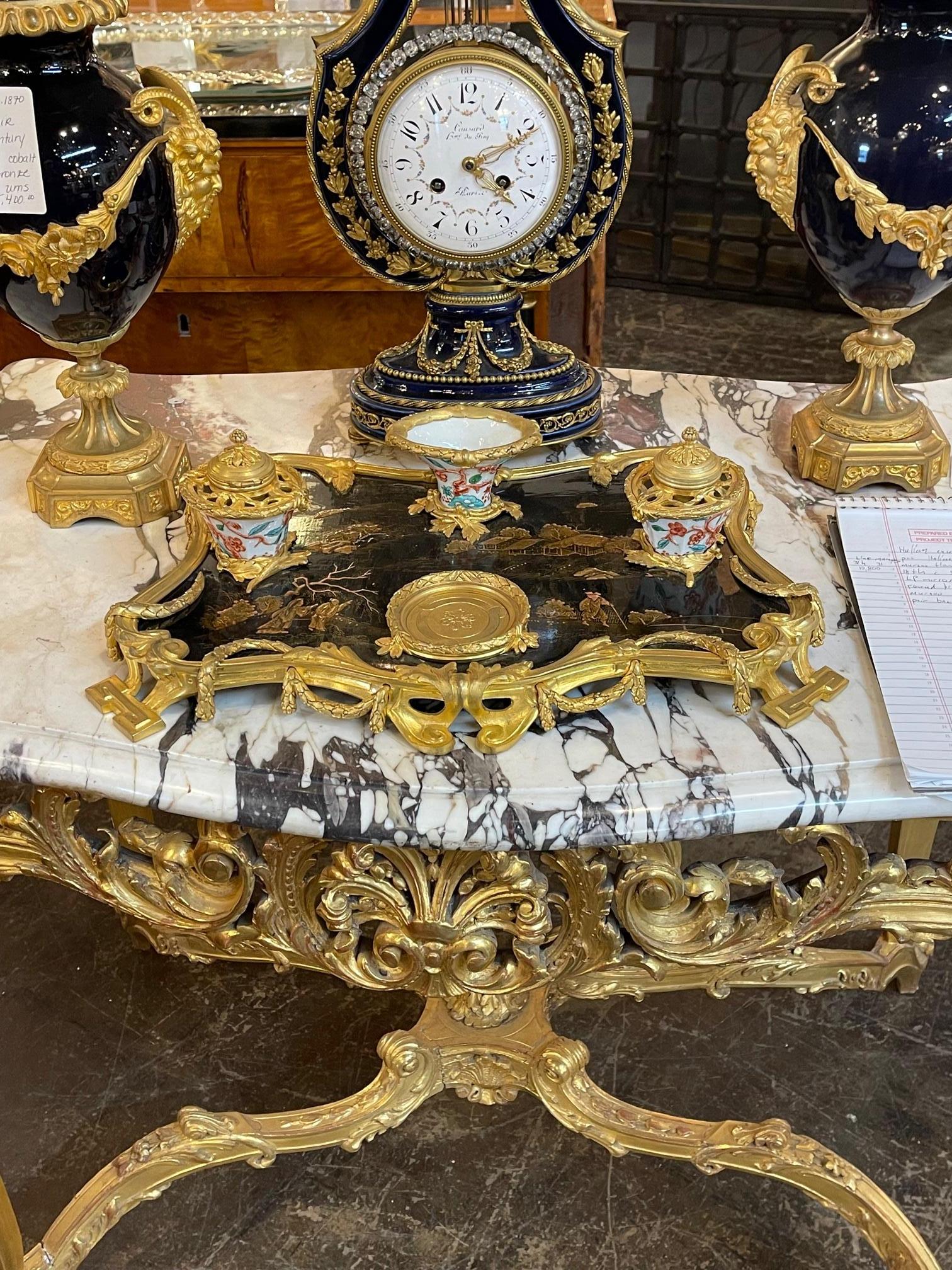 19th century French Louis XVI style chinoiserie and dore' bronze encrier. Beautiful piece to add to any writing desk. Sure to make a statement!