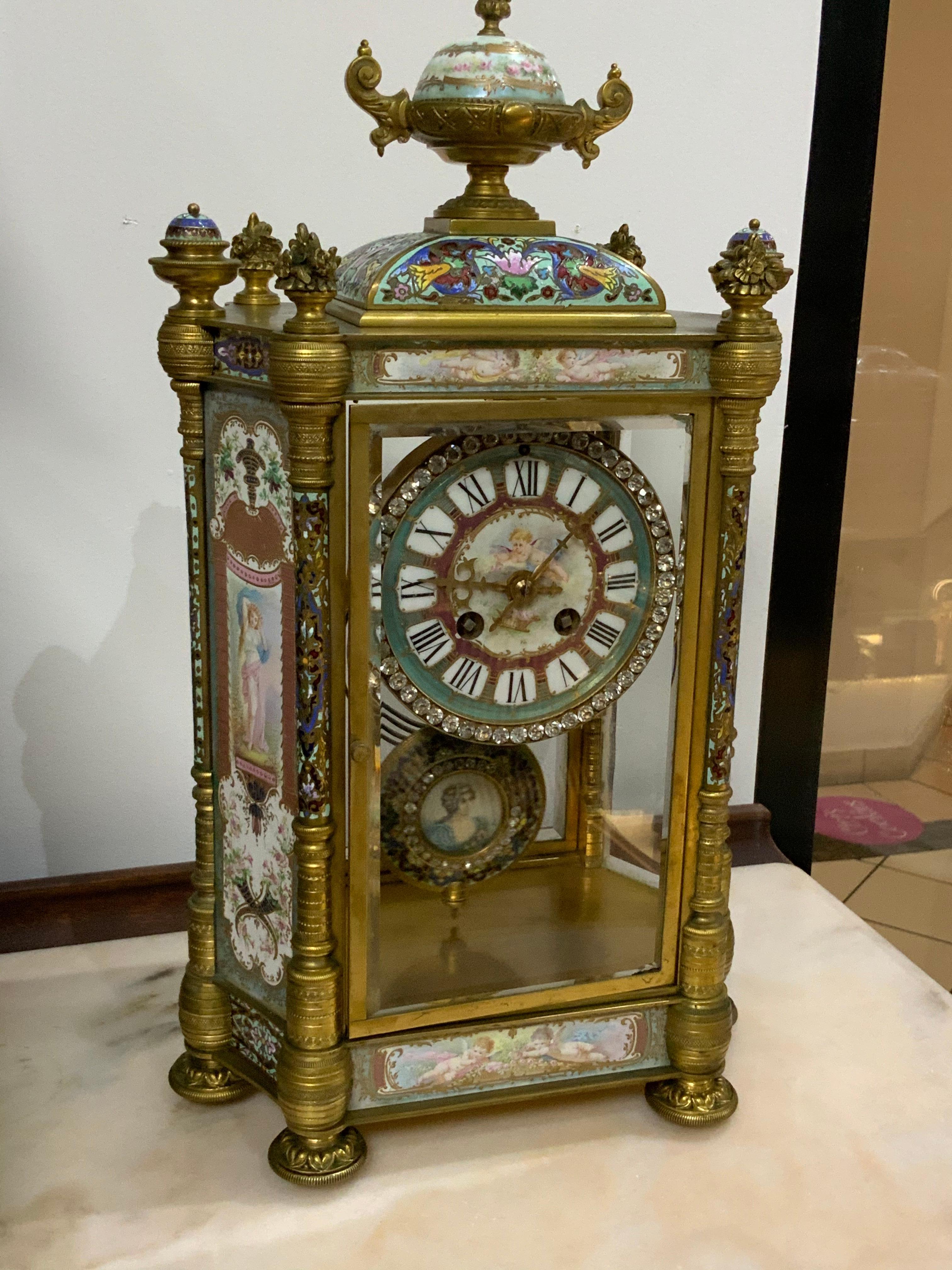 French Louis XVI Cloisonné Bronze Sevres Style Mantel Clock 7
