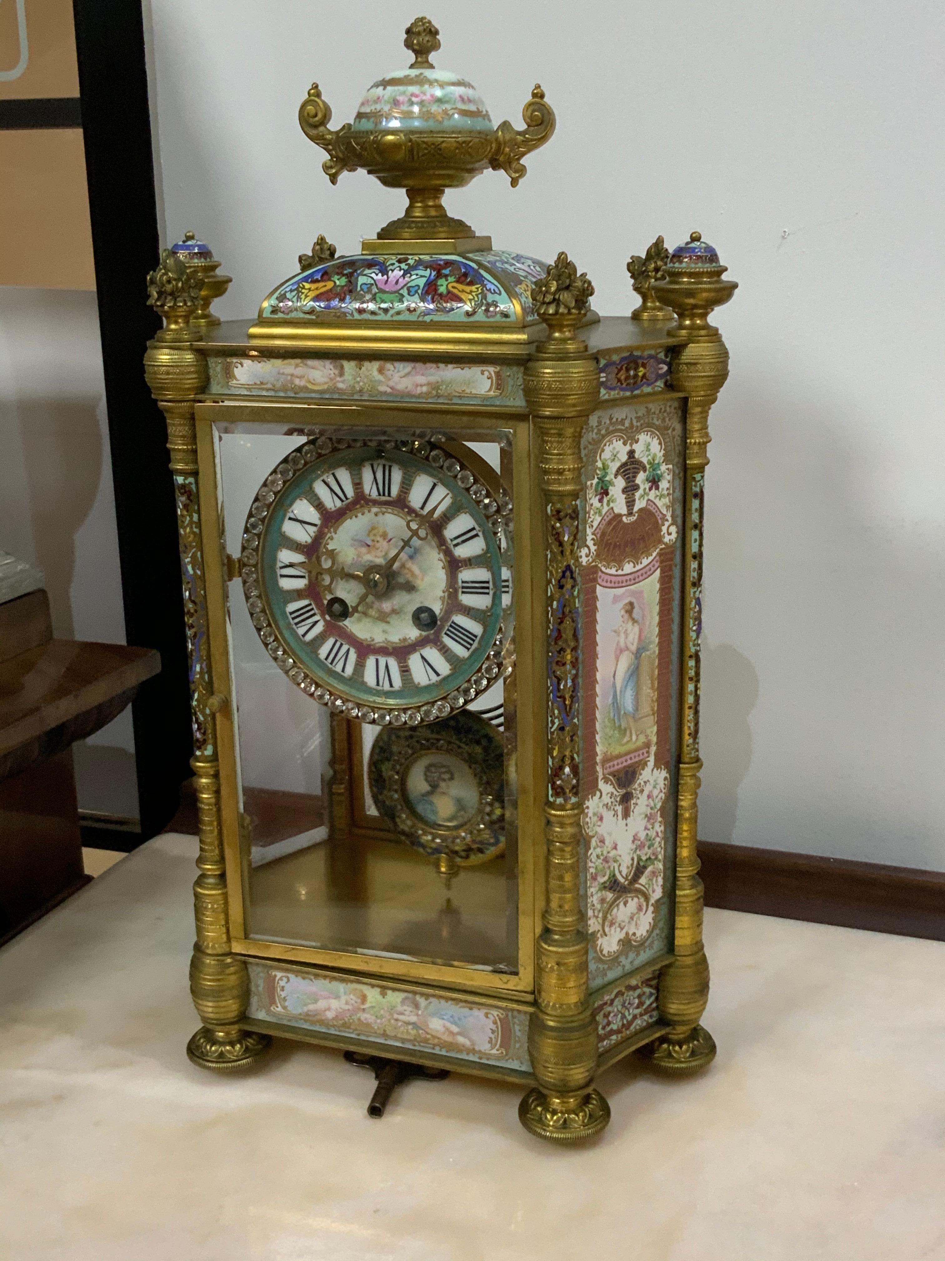 French Louis XVI Cloisonné Bronze Sevres Style Mantel Clock 8
