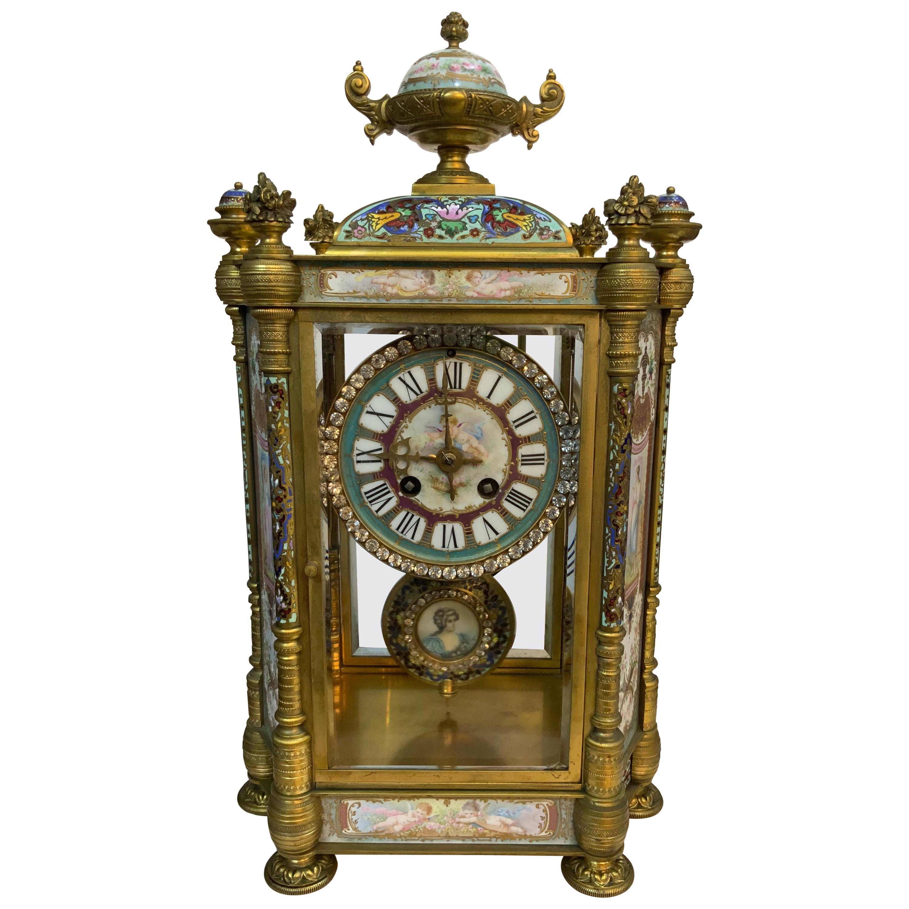 French Louis XVI Cloisonné Bronze Sevres Style Mantel Clock