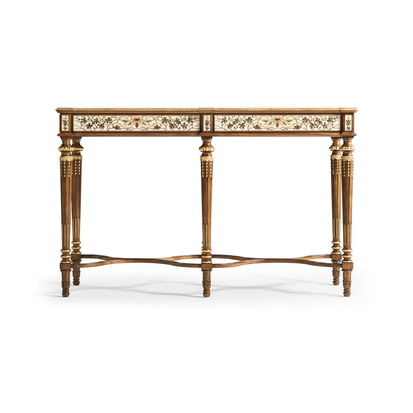 This masterpiece is adorned with a sumptuous maple leaf and acorn marquetry pattern, showcasing the splendor of nature with every intricately placed piece. The craftsmanship reaches new heights with the Scagliola technique, infusing the marquetry