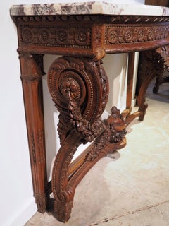 French Louis XVI Console Table in Mahogany with Breche Violette Marble, C. 1850