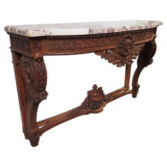 French Louis XVI Console Table in Mahogany with Breche Violette Marble, C. 1850