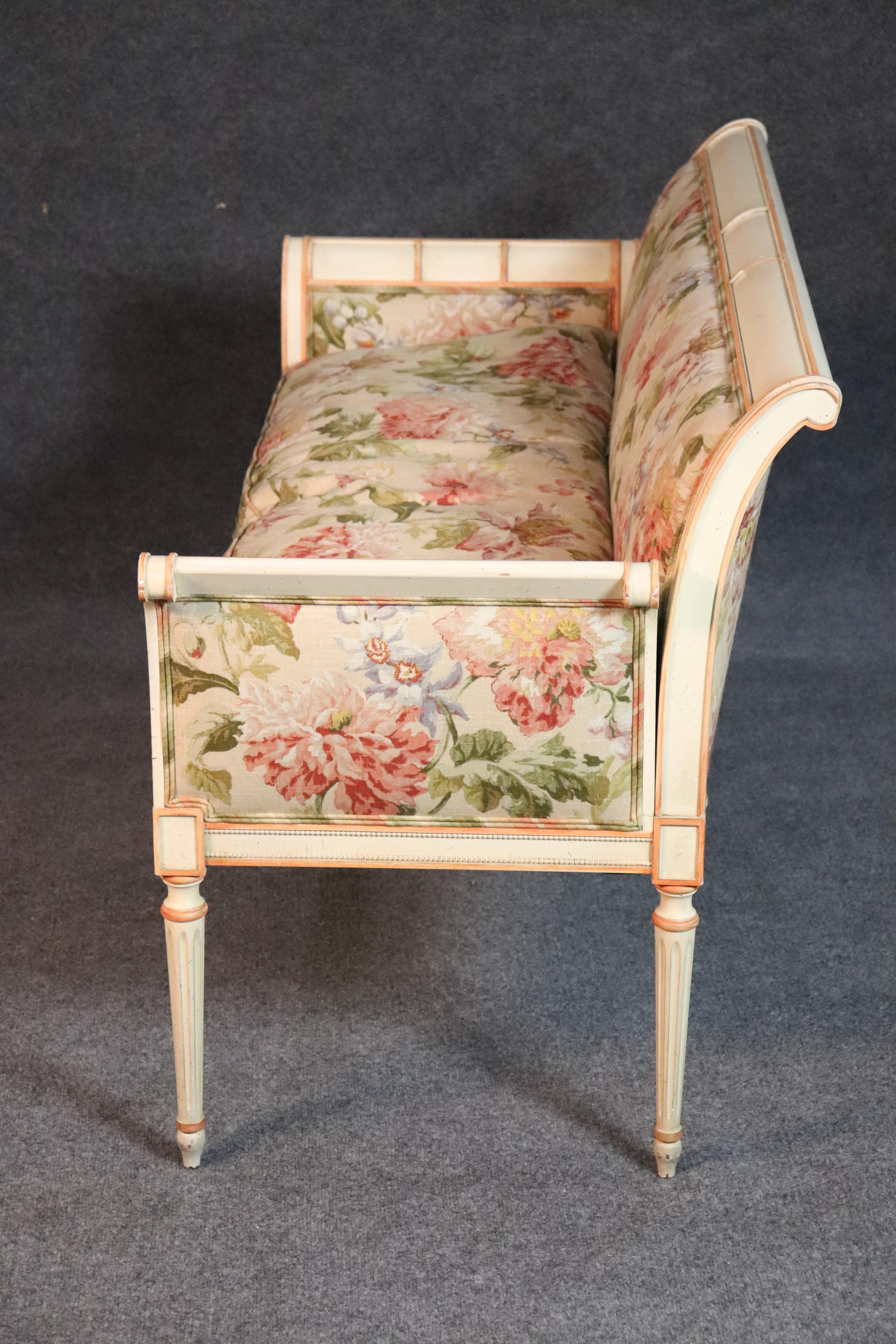 Fruitwood French Louis XVI Crème Painted Settee with Linen Upholstery