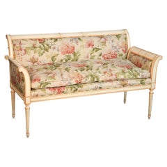 French Louis XVI Crème Painted Settee with Linen Upholstery