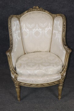 French Louis XVI Creme Painted Tall Back Heavily Carved Bergere Chair