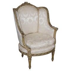 French Louis XVI Creme Painted Tall Back Heavily Carved Bergere Chair