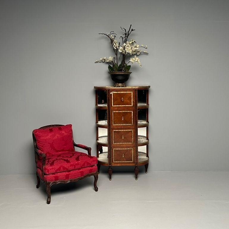 French Louis XVI Style Demilune Mahogany Vitrine / Showcase Cabinet

Maison Jansen Louis XVI style chest or étagère. The nice bowed white marble top with a three-quarter pierced brass gallery, above a case fitted with four short drawers, all banded