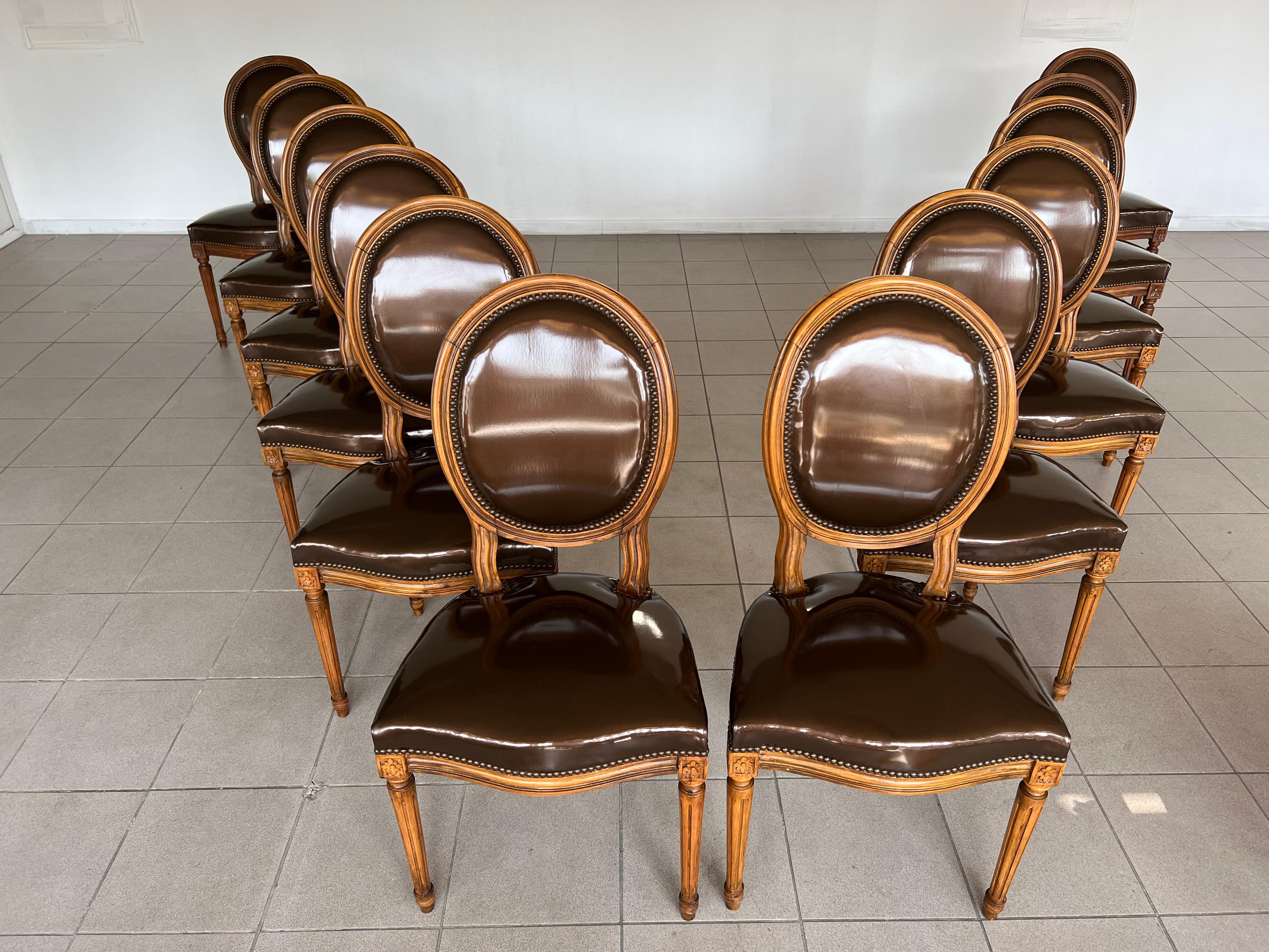 French Louis XVI Dining Room Chairs, Faux Leather Upholstery - Set of 12 In Good Condition In Bridgeport, CT
