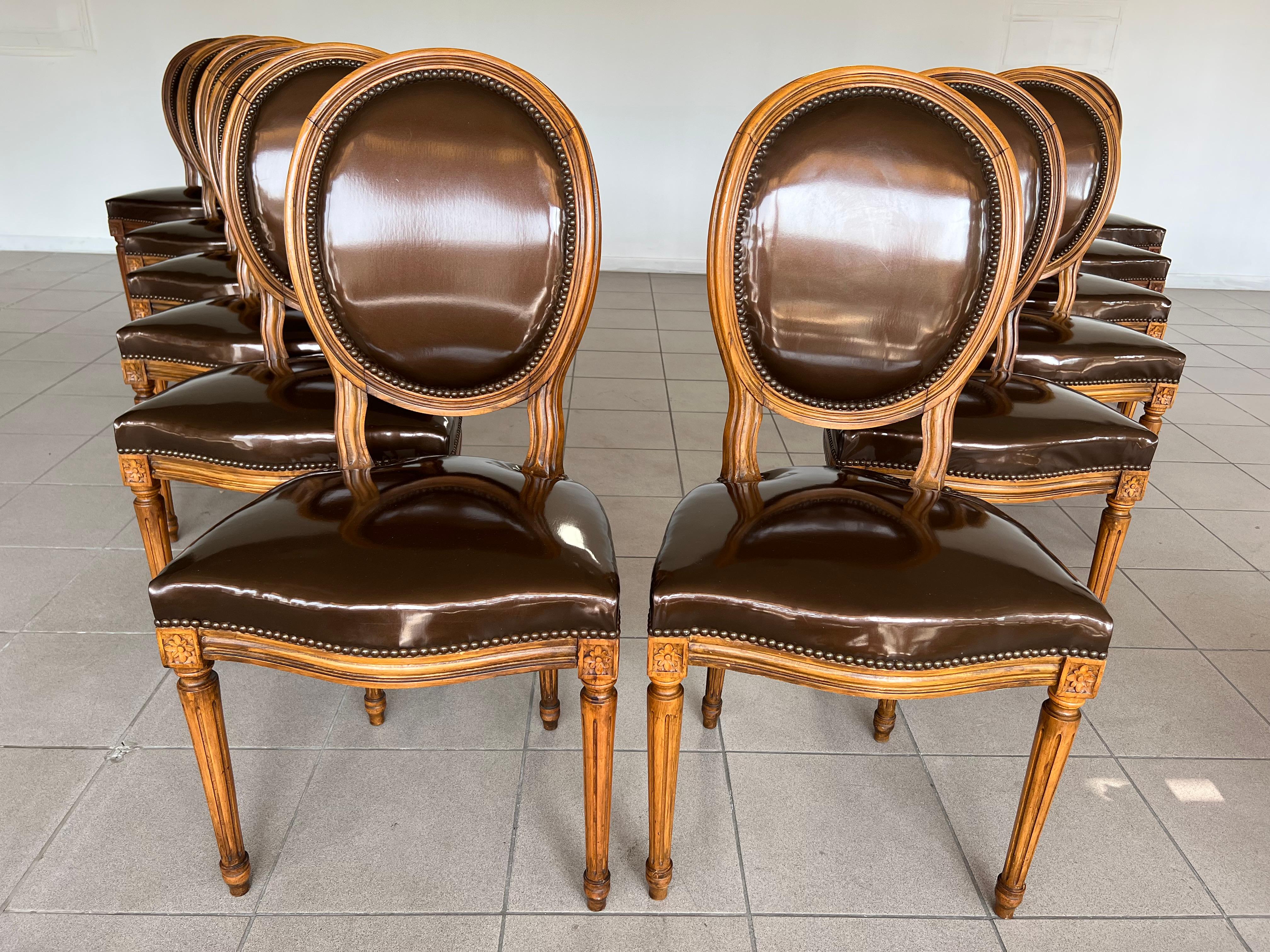20th Century French Louis XVI Dining Room Chairs, Faux Leather Upholstery - Set of 12