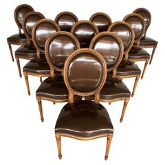 French Louis XVI Dining Room Chairs, Faux Leather Upholstery - Set of 12