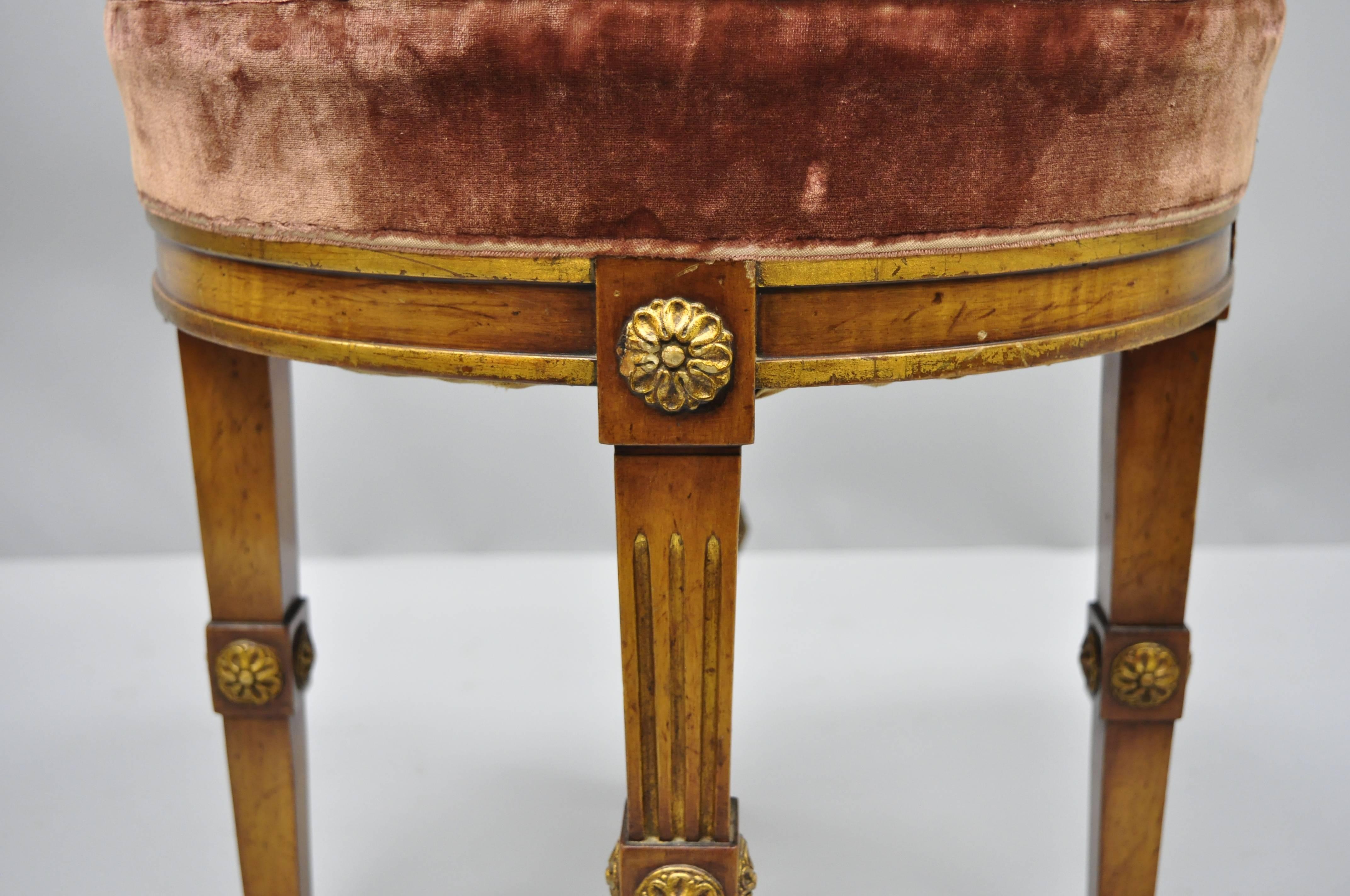 French Louis XVI Directoire Style Round Neoclassical Upholstered Vanity Stool In Distressed Condition In Philadelphia, PA