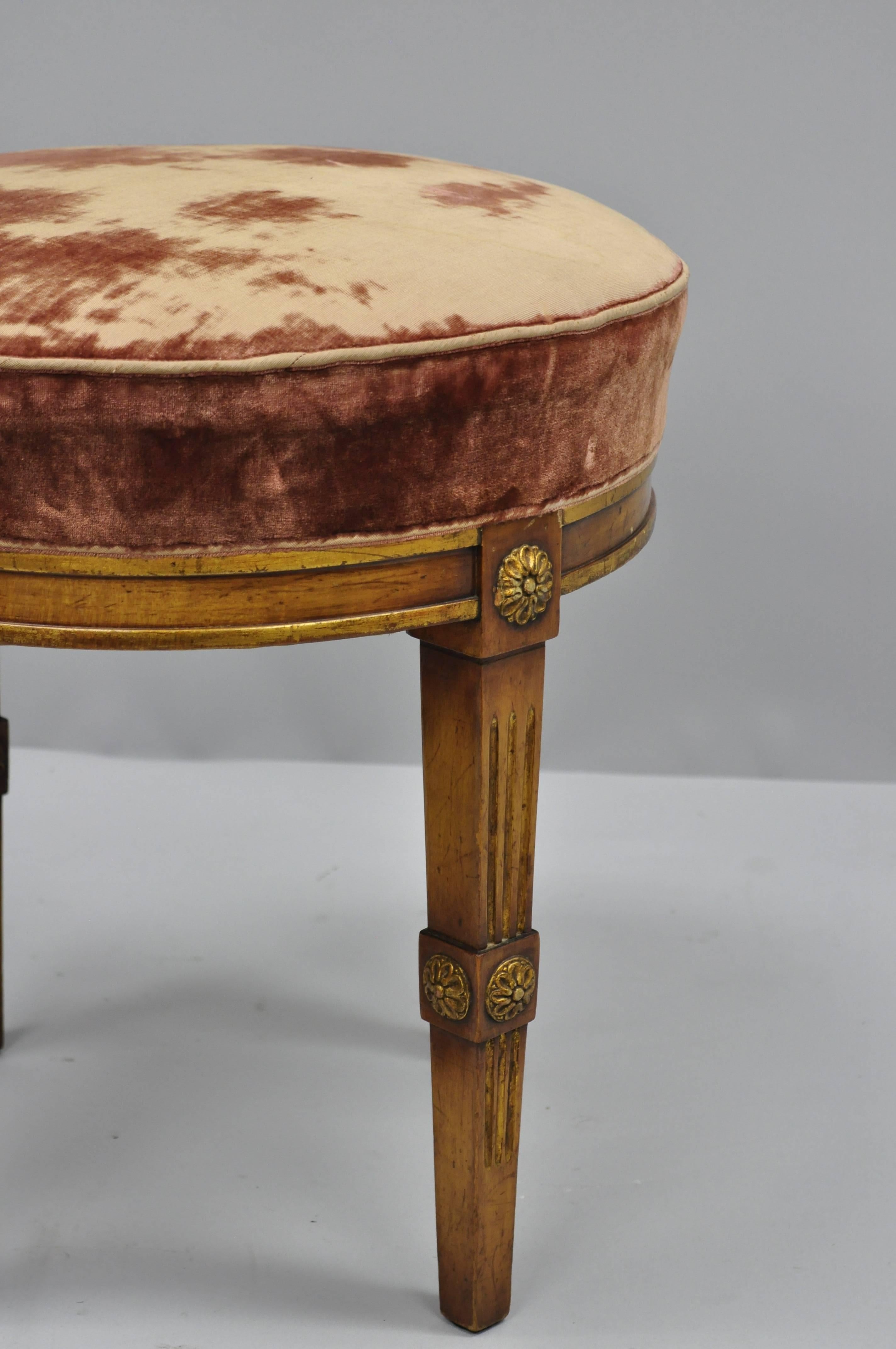 Walnut French Louis XVI Directoire Style Round Neoclassical Upholstered Vanity Stool