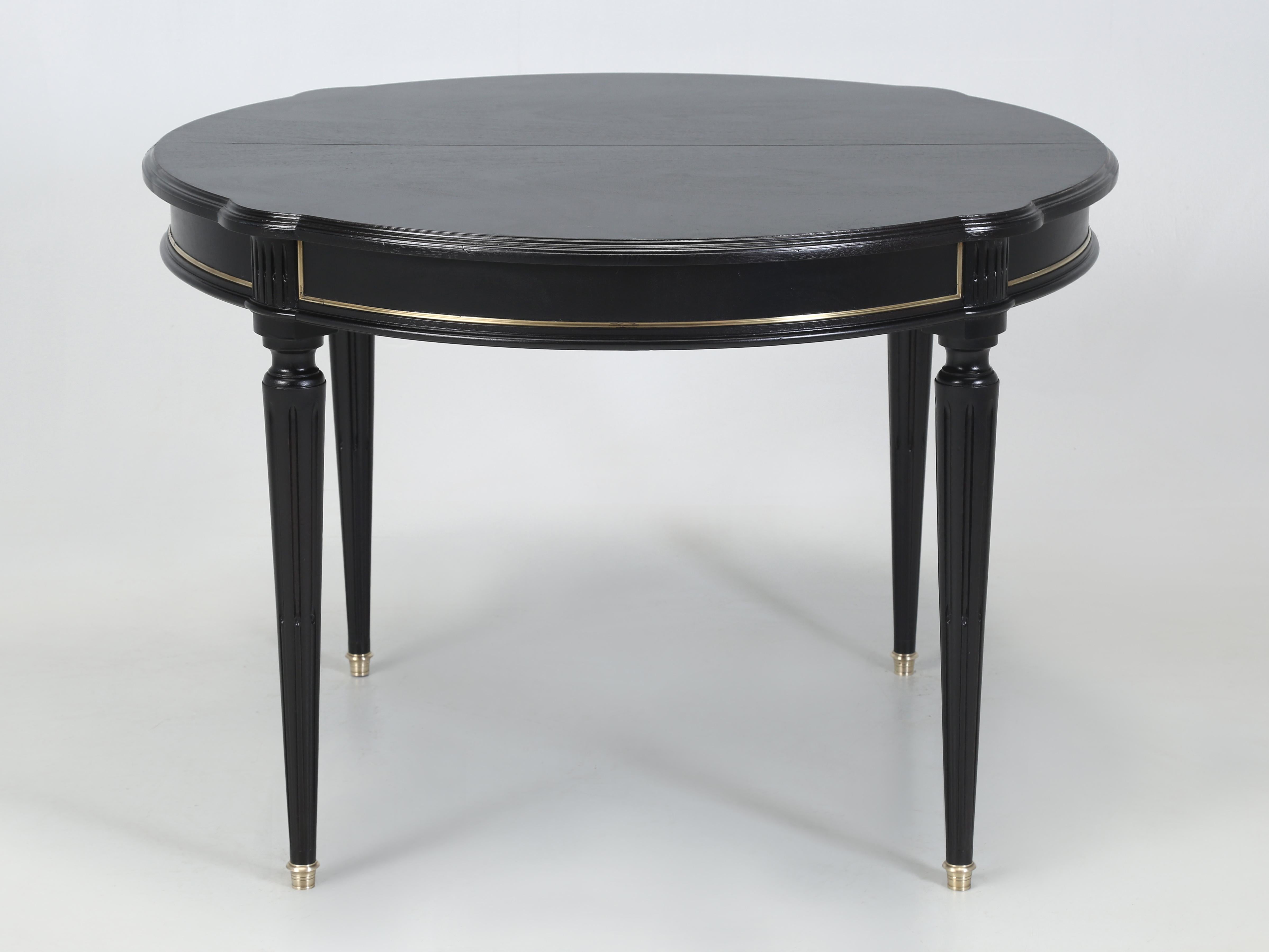 Brass French Louis XVI Ebonized Mahogany Round Dining Table (3) Leaves Restored  For Sale