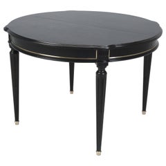 French Louis XVI Ebonized Mahogany Round Dining Table (3) Leaves Restored