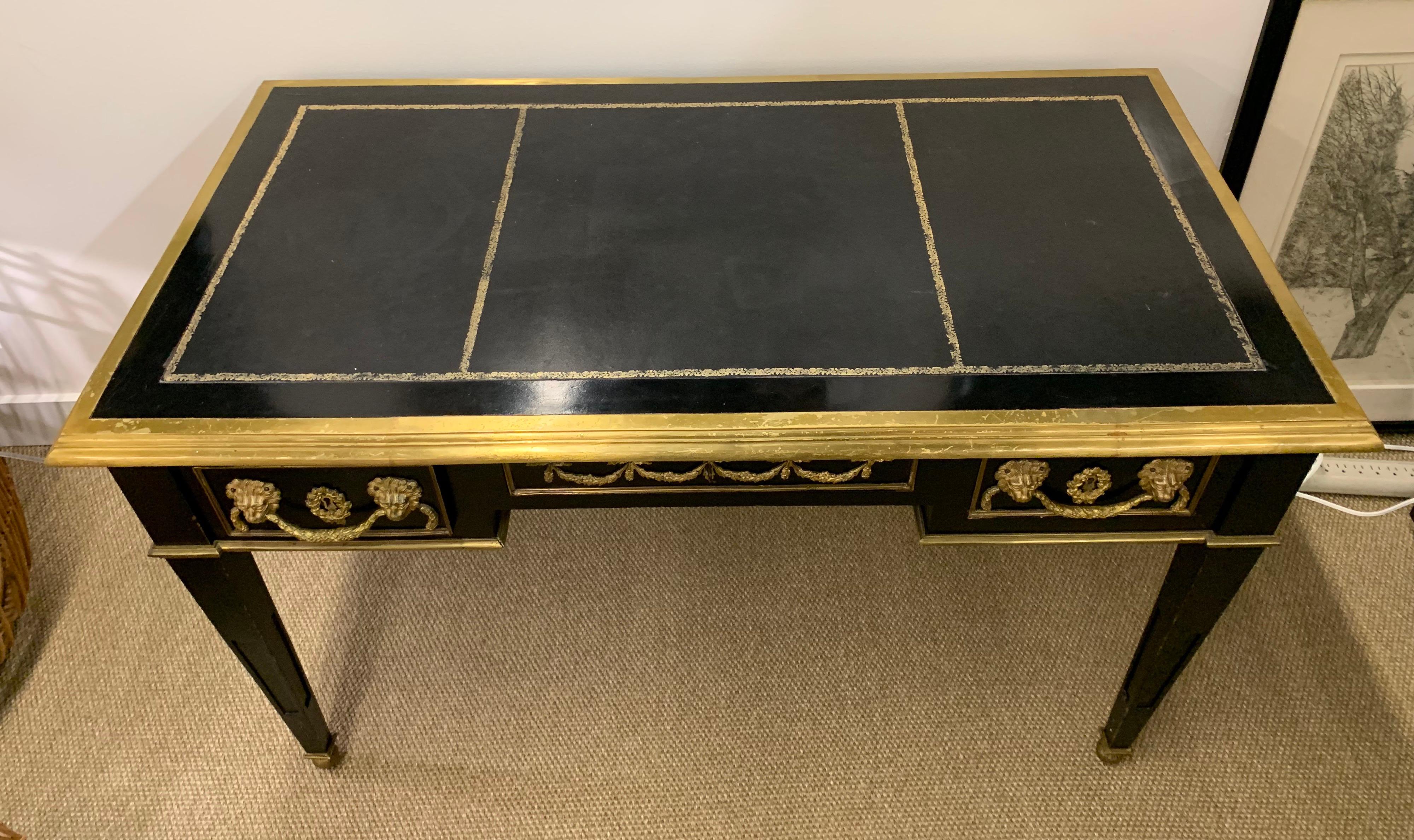 French Louis XVI Ebony Leather Top and Bronze Mounted Writing Desk In Good Condition In West Hartford, CT